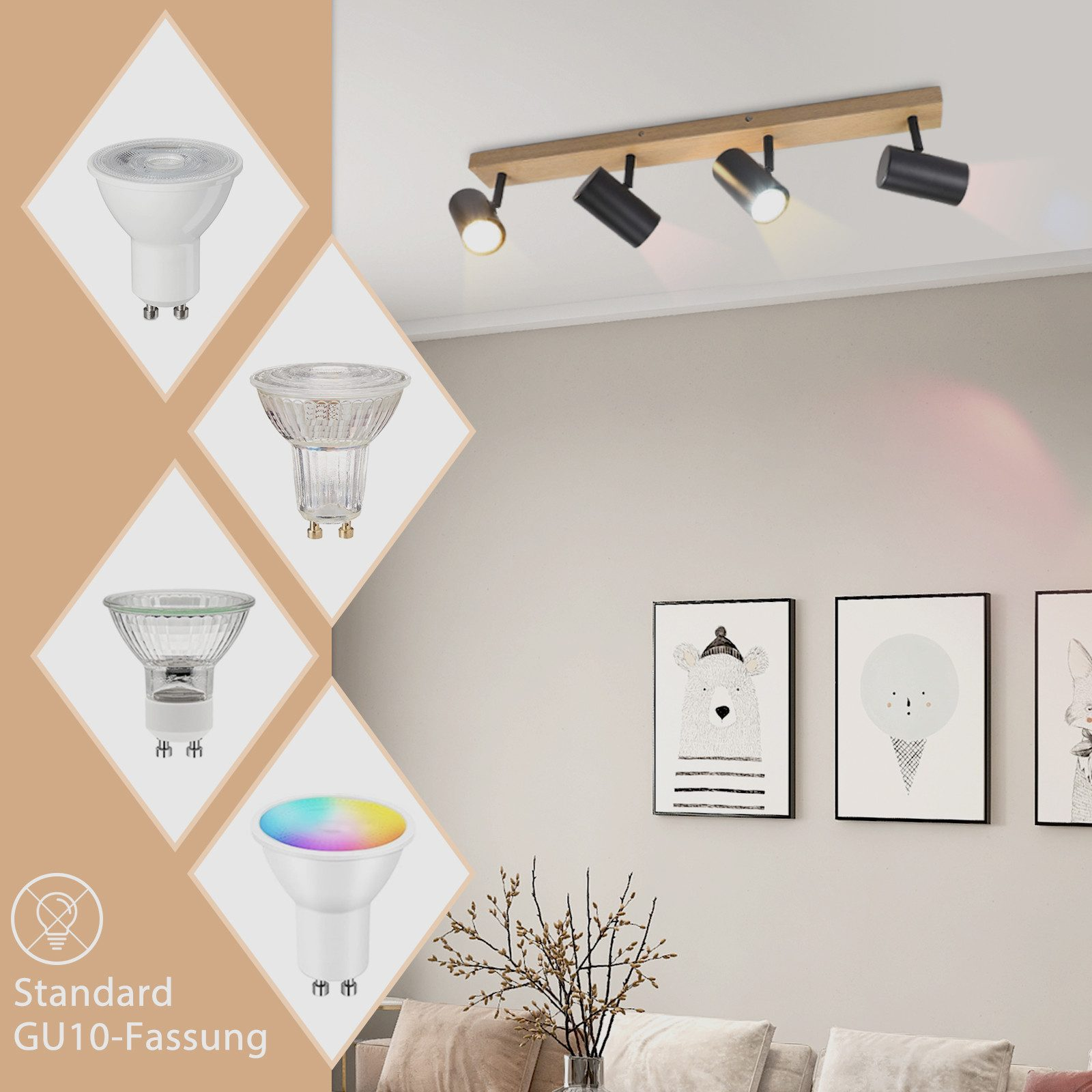 Lampade da soffitto con varie lampadine GU10 e una trave in legno, con tre quadri sul muro.