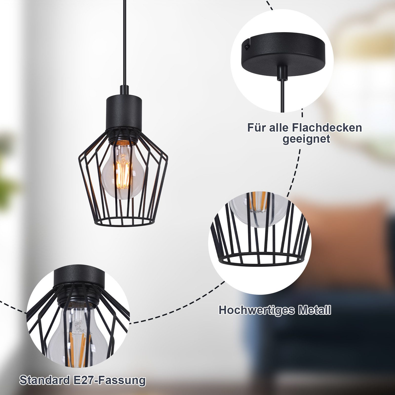 Lampada a sospensione nera con un design a gabbia metallica. La lampada ha una lampadina visibile.
