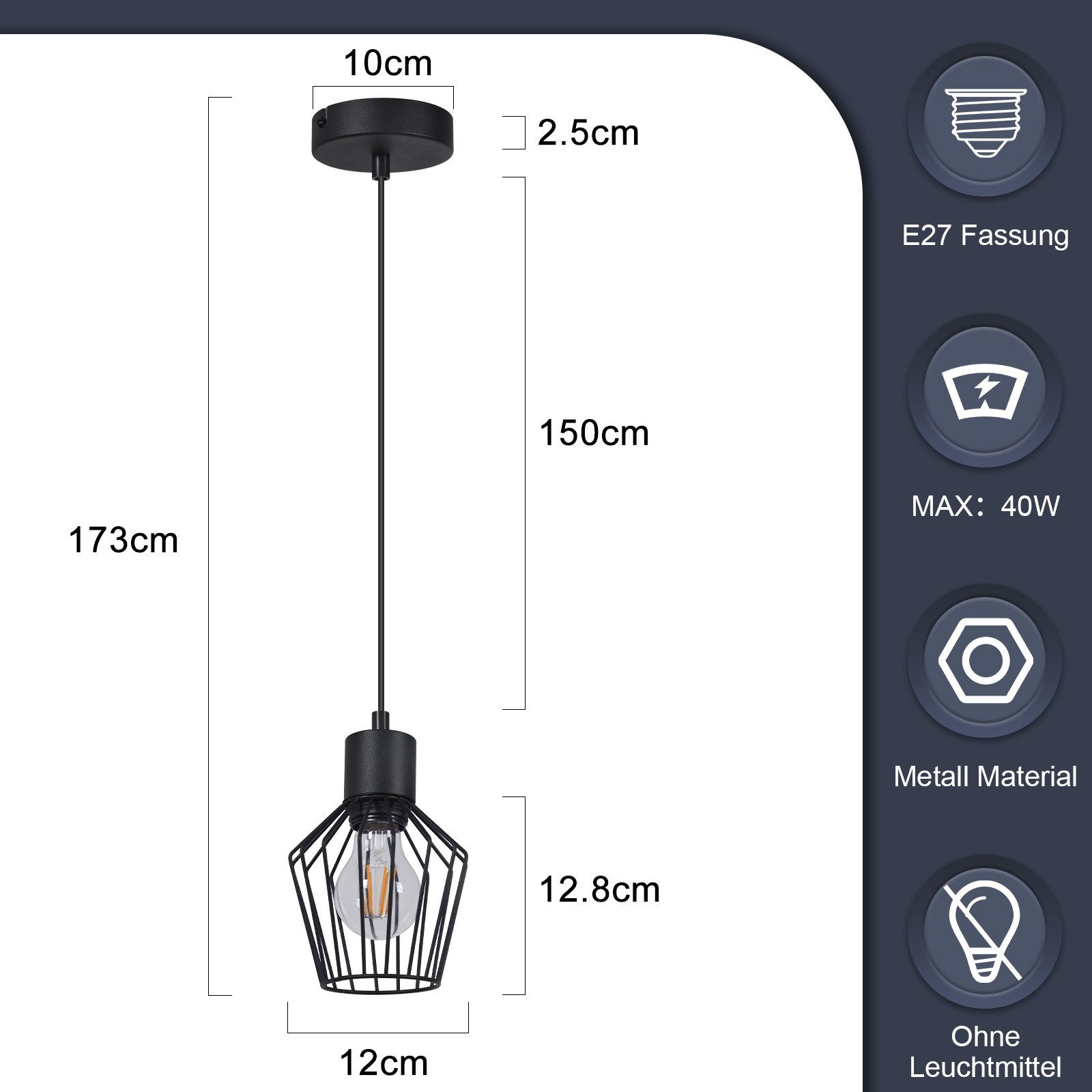 Lampada a sospensione nera con paralume a gabbia, con etichette delle dimensioni.