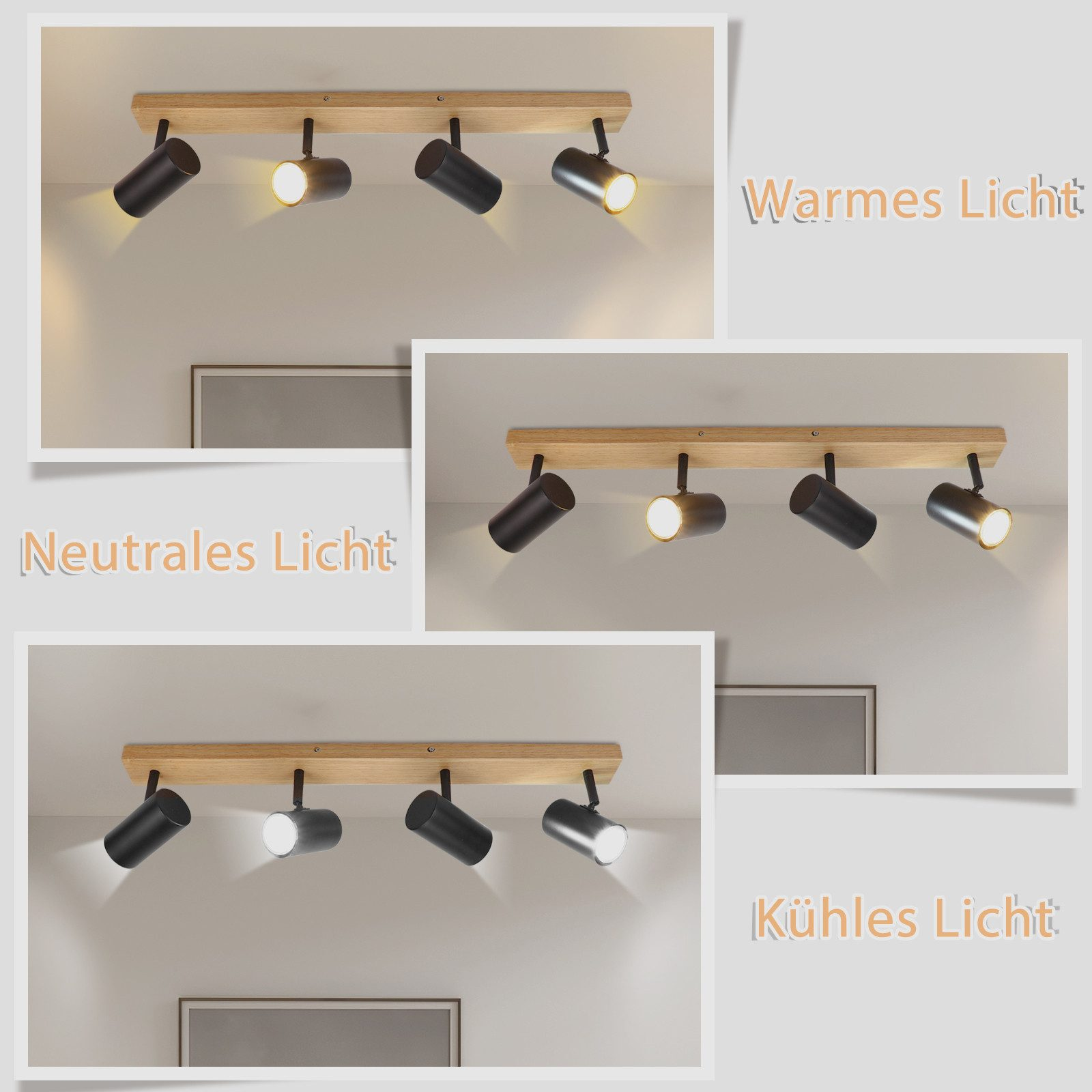 Tre faretti da soffitto con impostazioni di luce calda, neutra e fredda. Le luci sono su una trave di legno.