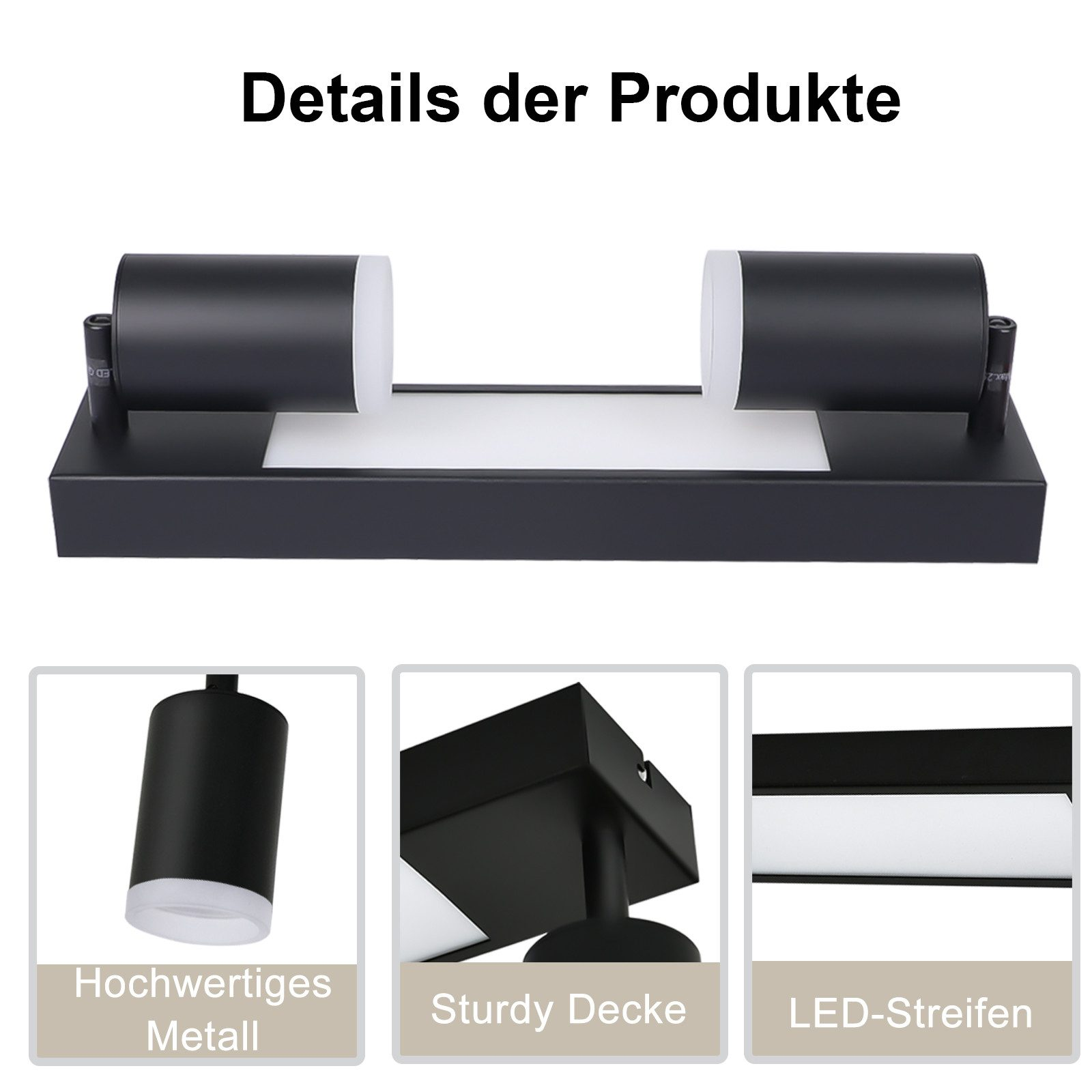 Apparecchio di illuminazione a LED nero con tre immagini di dettaglio che mostrano metallo, ponte robusto e strisce LED.