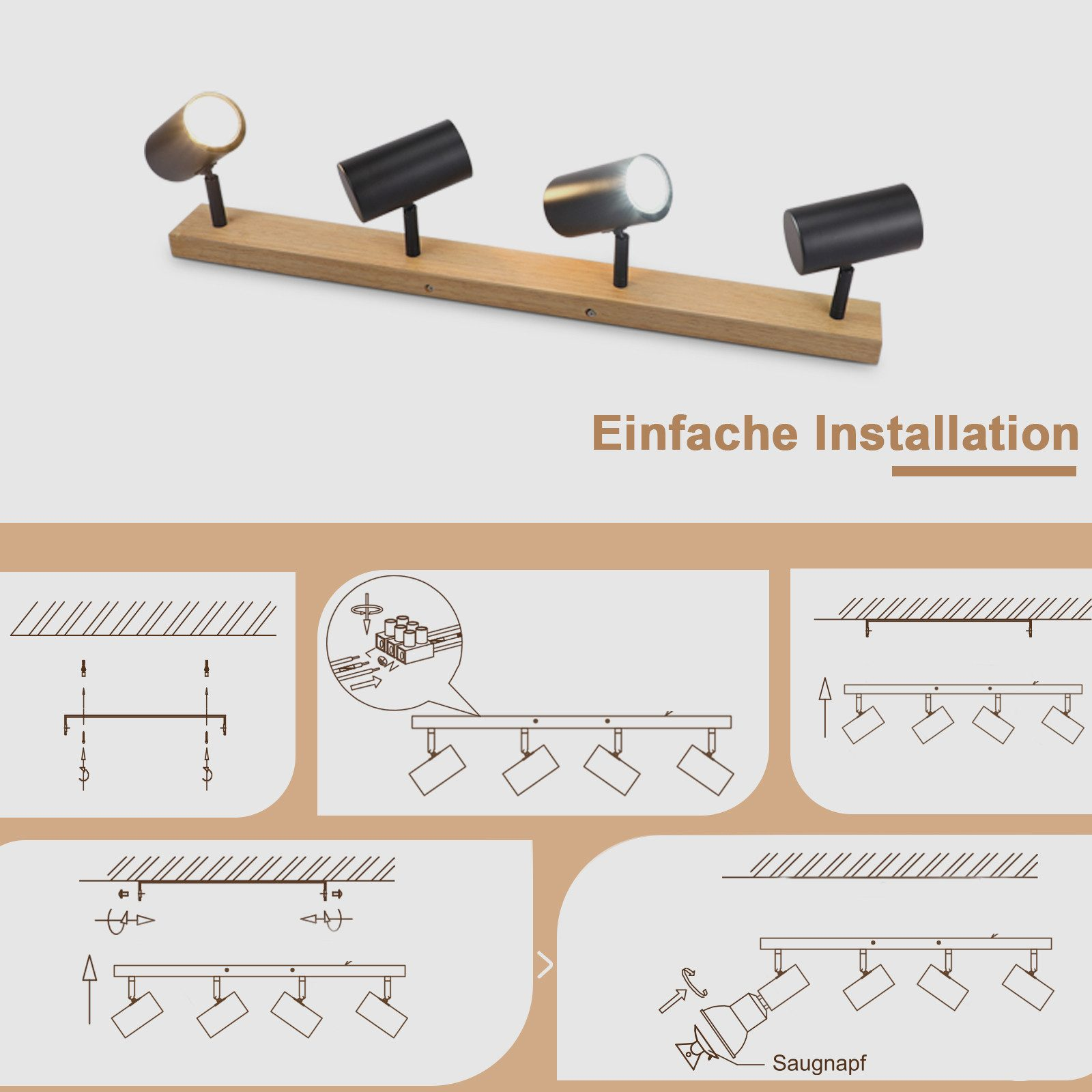 Diagrammi che illustrano l'installazione di faretti montati su una trave di legno, con dettagli e istruzioni.