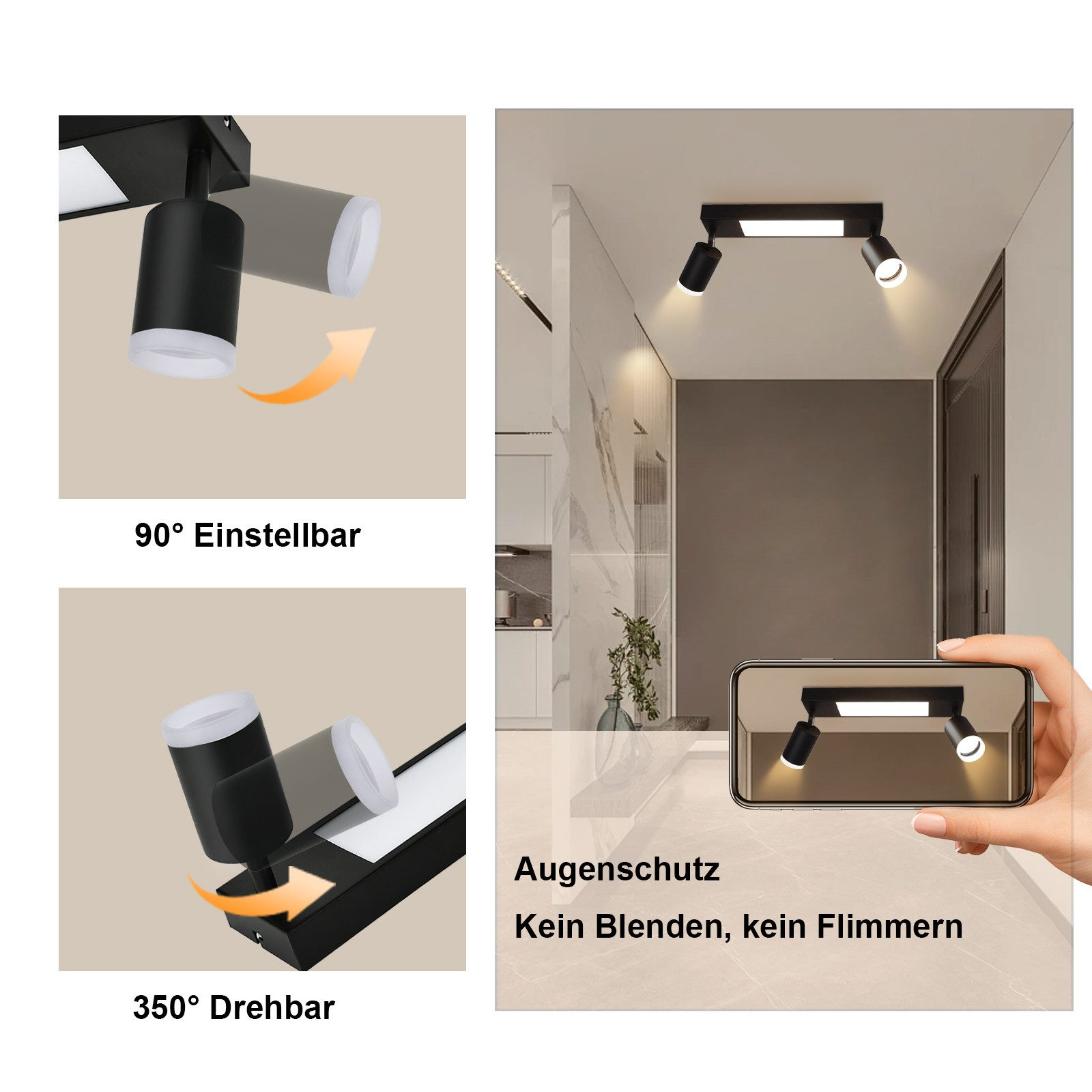 Un moderno sistema di illuminazione a binario nero. Mostra la regolabilità delle luci e il riflesso della luce in una stanza.