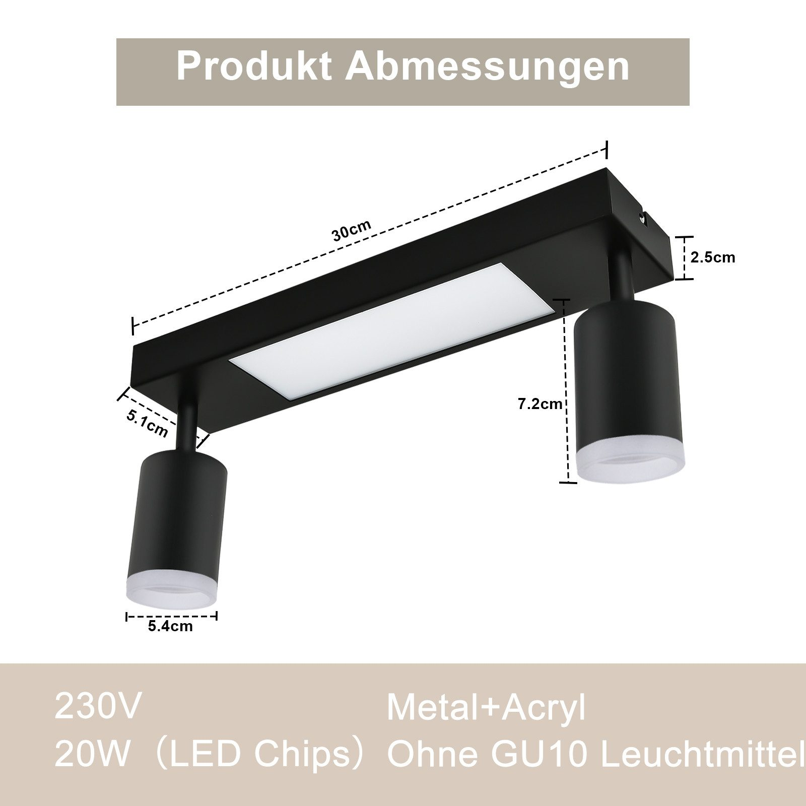 Un apparecchio di illuminazione a soffitto bianco con faretti multipli, in un soggiorno.