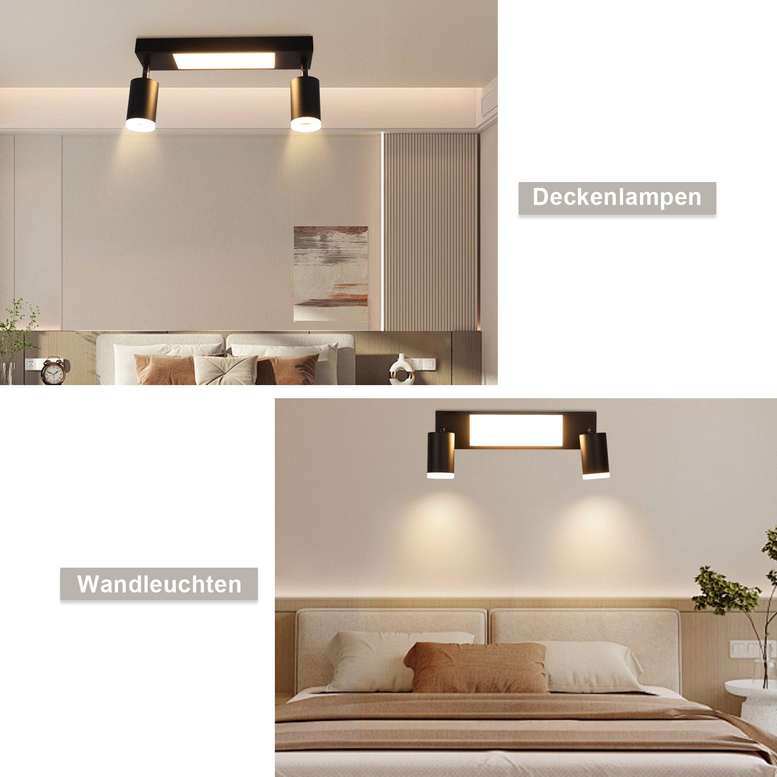 Due immagini che mostrano luci a soffitto e applique sopra un letto. Le luci sono nere.