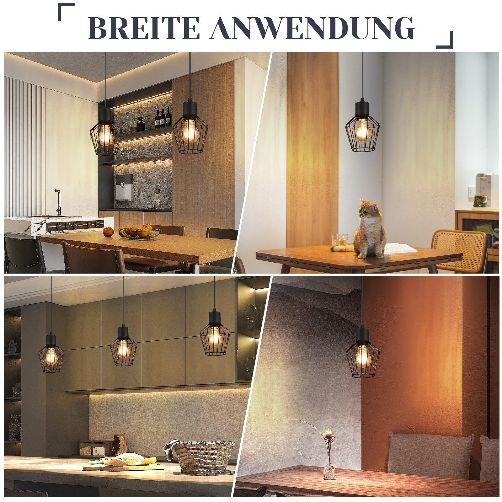 Immagini multiple che mostrano diverse stanze con lampade a sospensione dal design a gabbia.