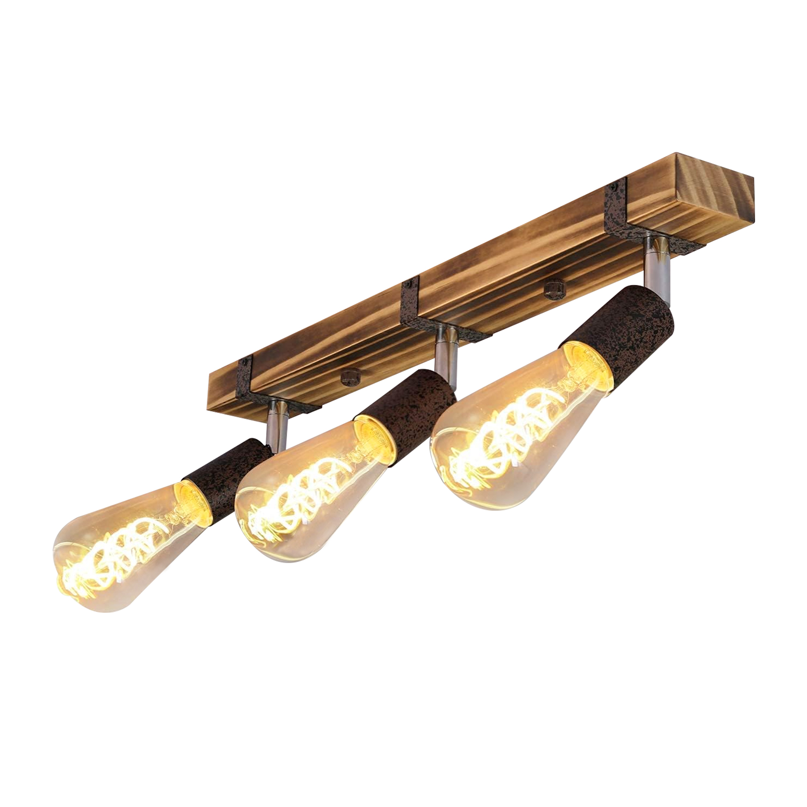 Lampada da soffitto con trave in legno con tre lampadine Edison rivolte verso il basso.