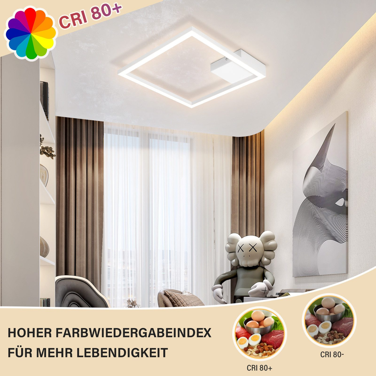 Lampada da soffitto con design quadrato, cornice bianca e logo CRI 80+ colorato.