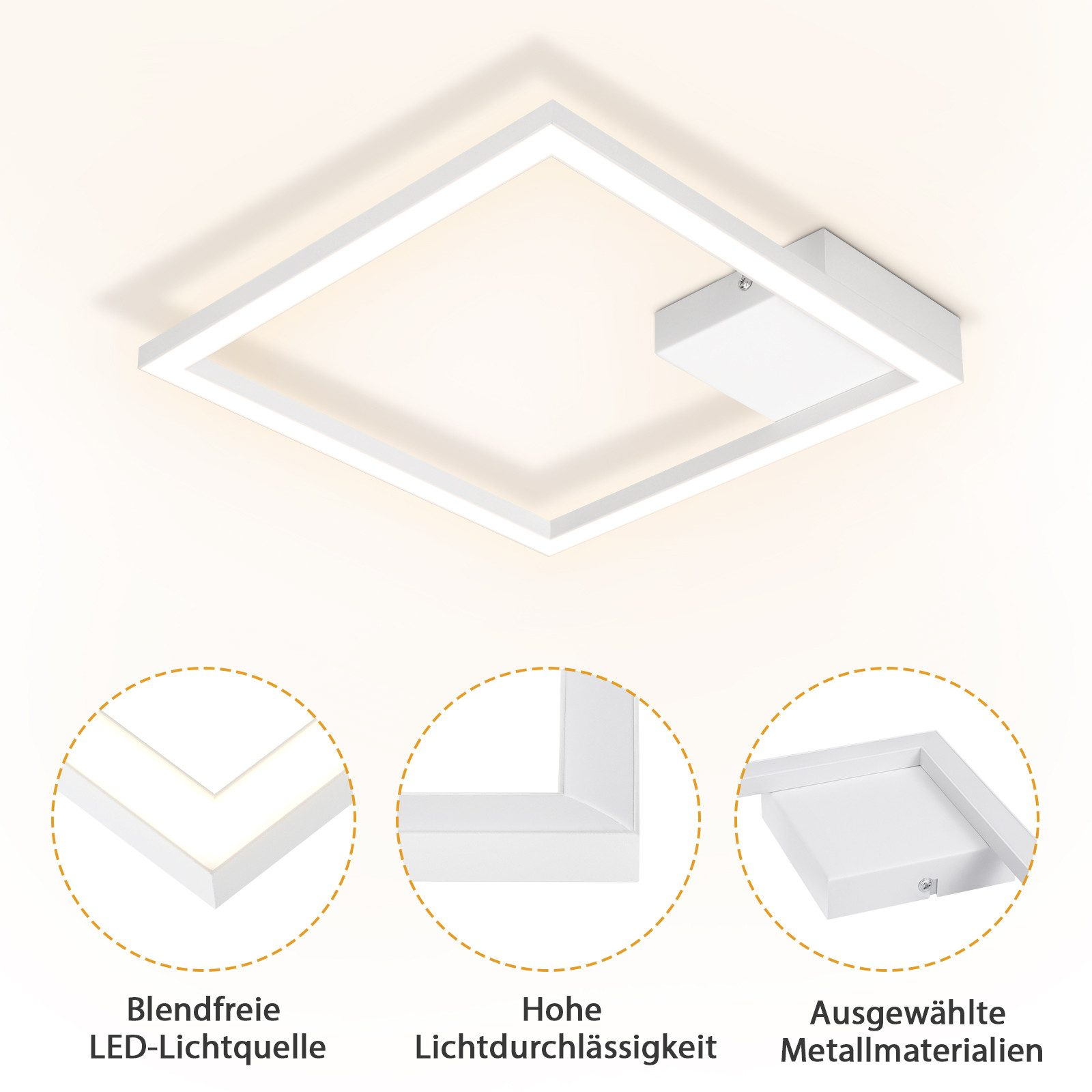 Apparecchio di illuminazione a soffitto quadrato bianco con un quadrato bianco e un quadrato più piccolo al centro.