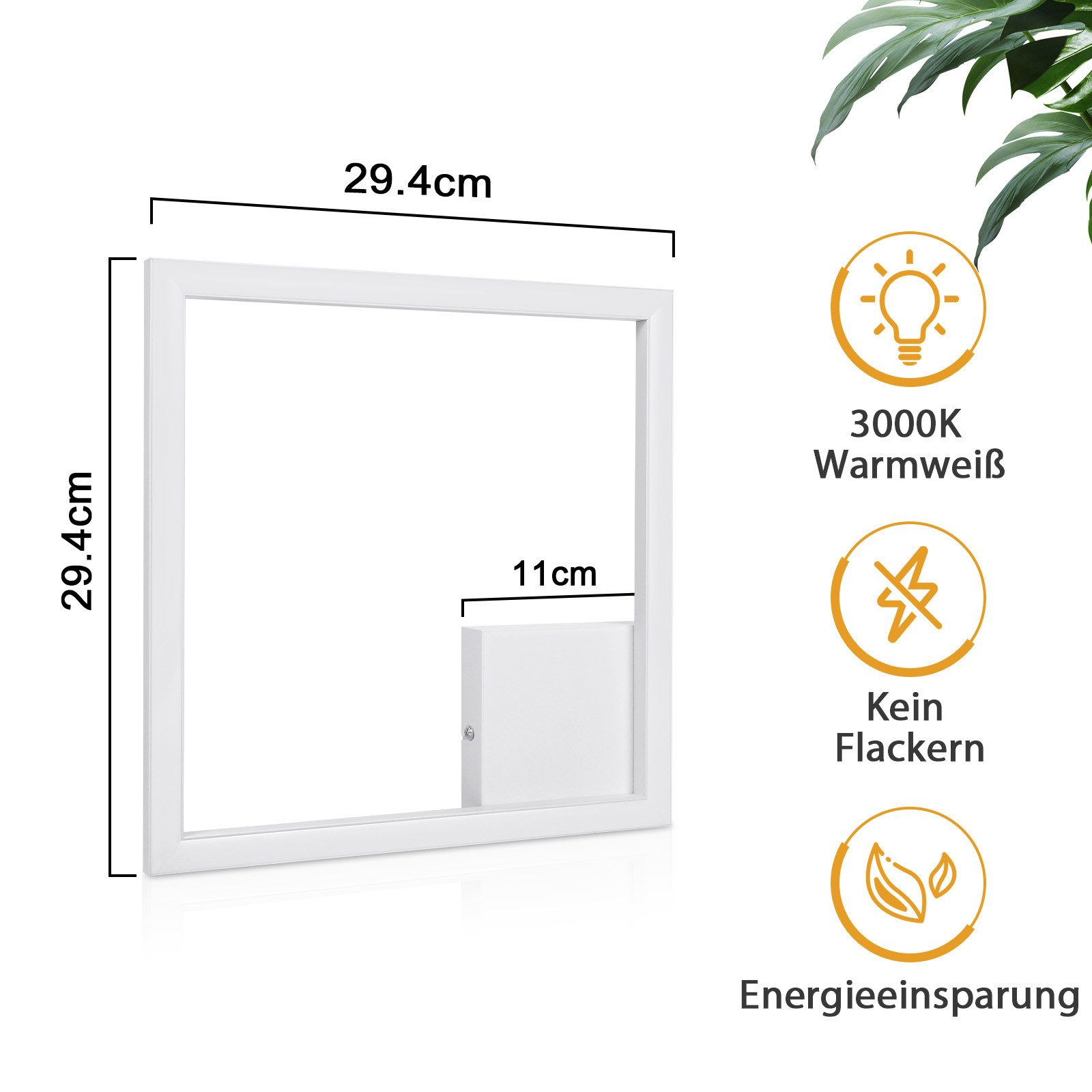 Luce quadrata bianca con dimensioni. Icone per bianco caldo, senza sfarfallio e risparmio energetico.