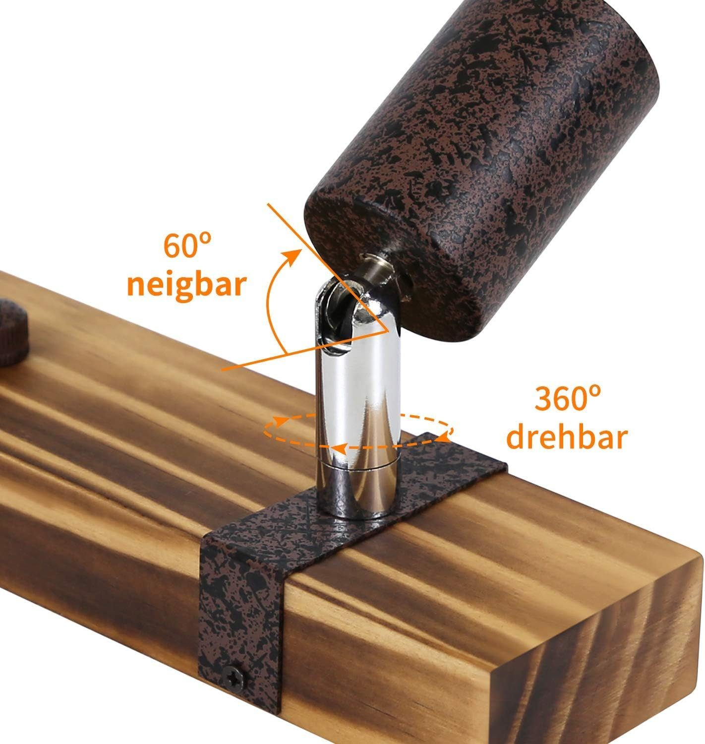 Un faretto su una trave di legno. Il faretto è regolabile e ruotabile, con finitura marrone.