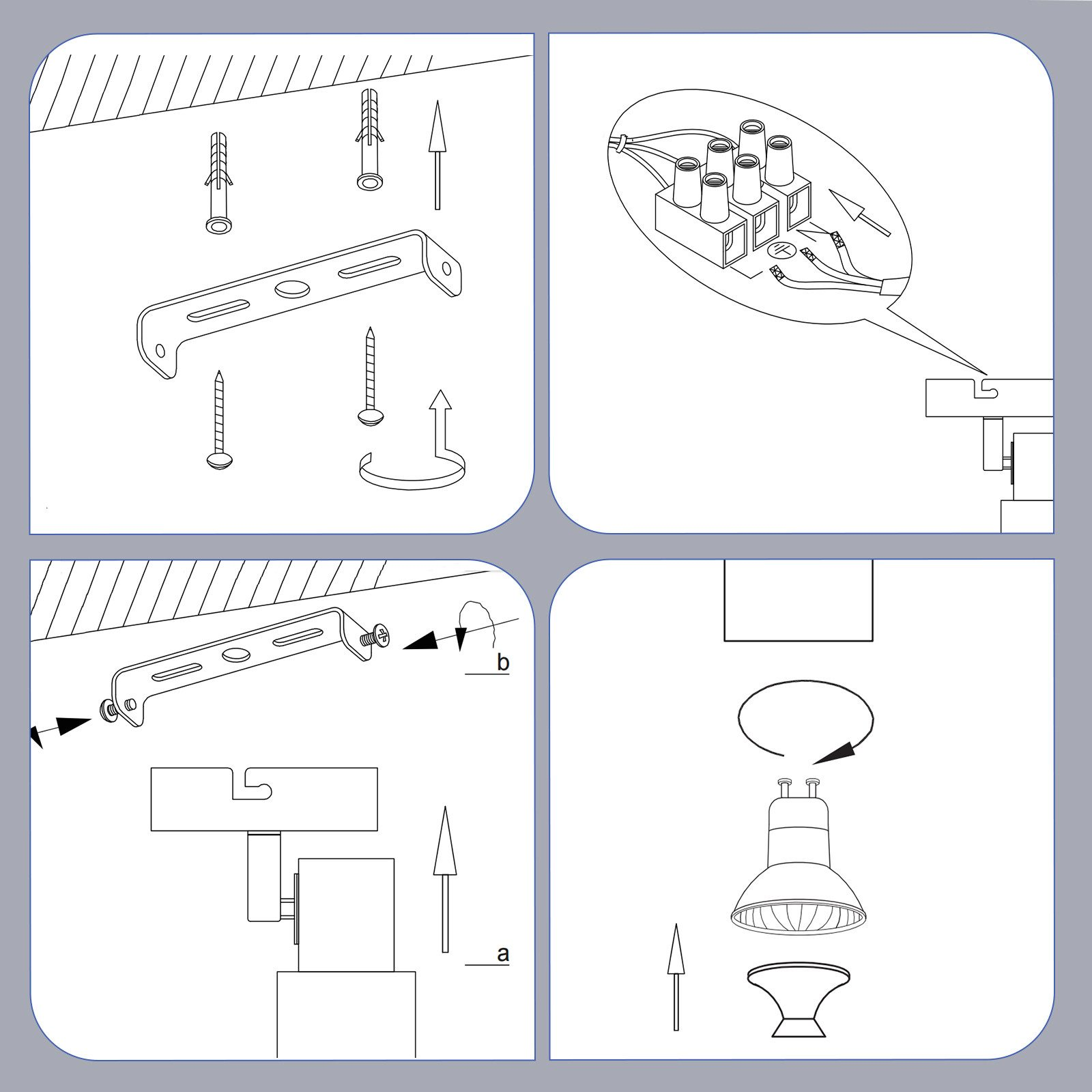 Diagrammi che illustrano il processo di installazione di un apparecchio di illuminazione a soffitto.
