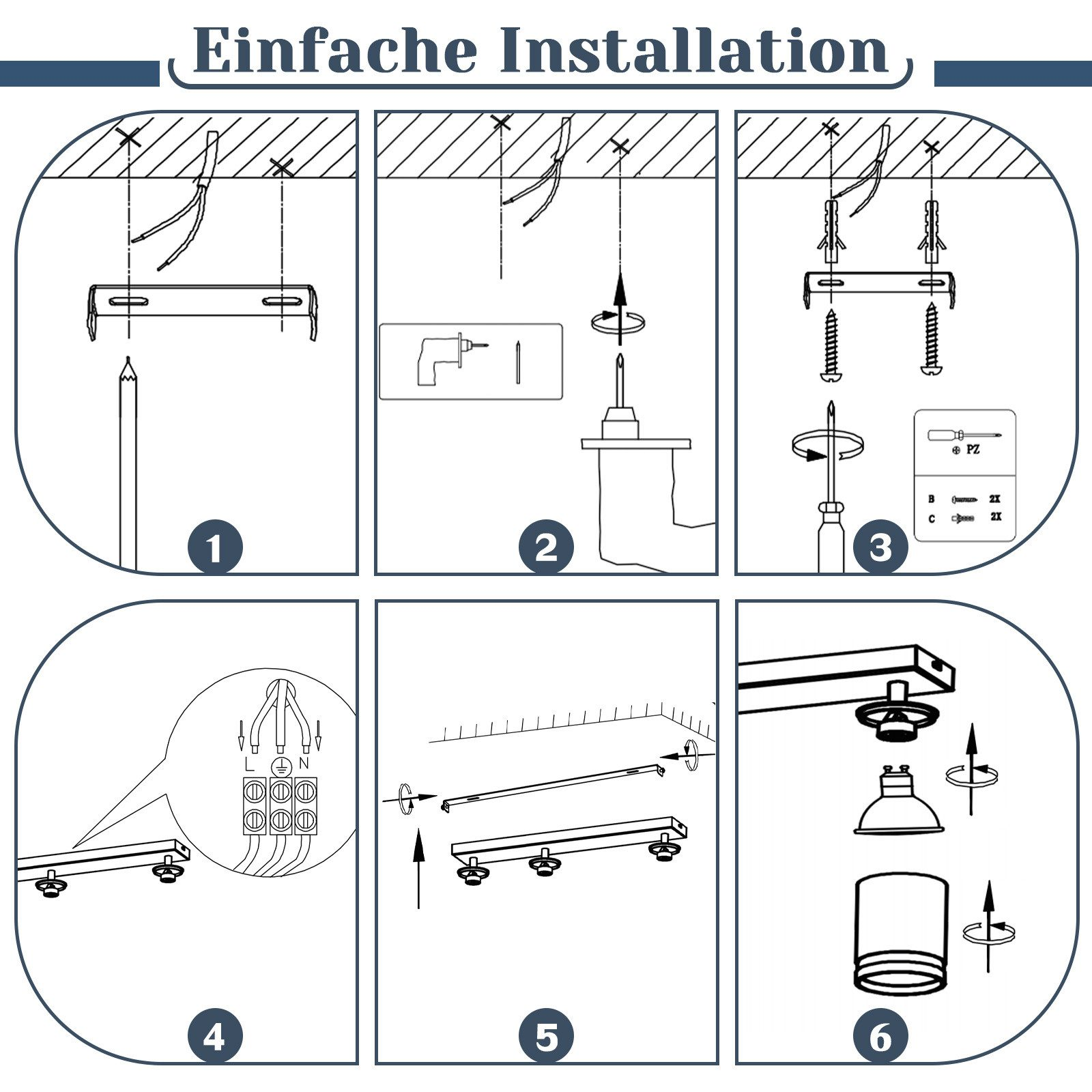 Diagramma di istruzioni con passaggi per installare un'apparecchio sul soffitto.