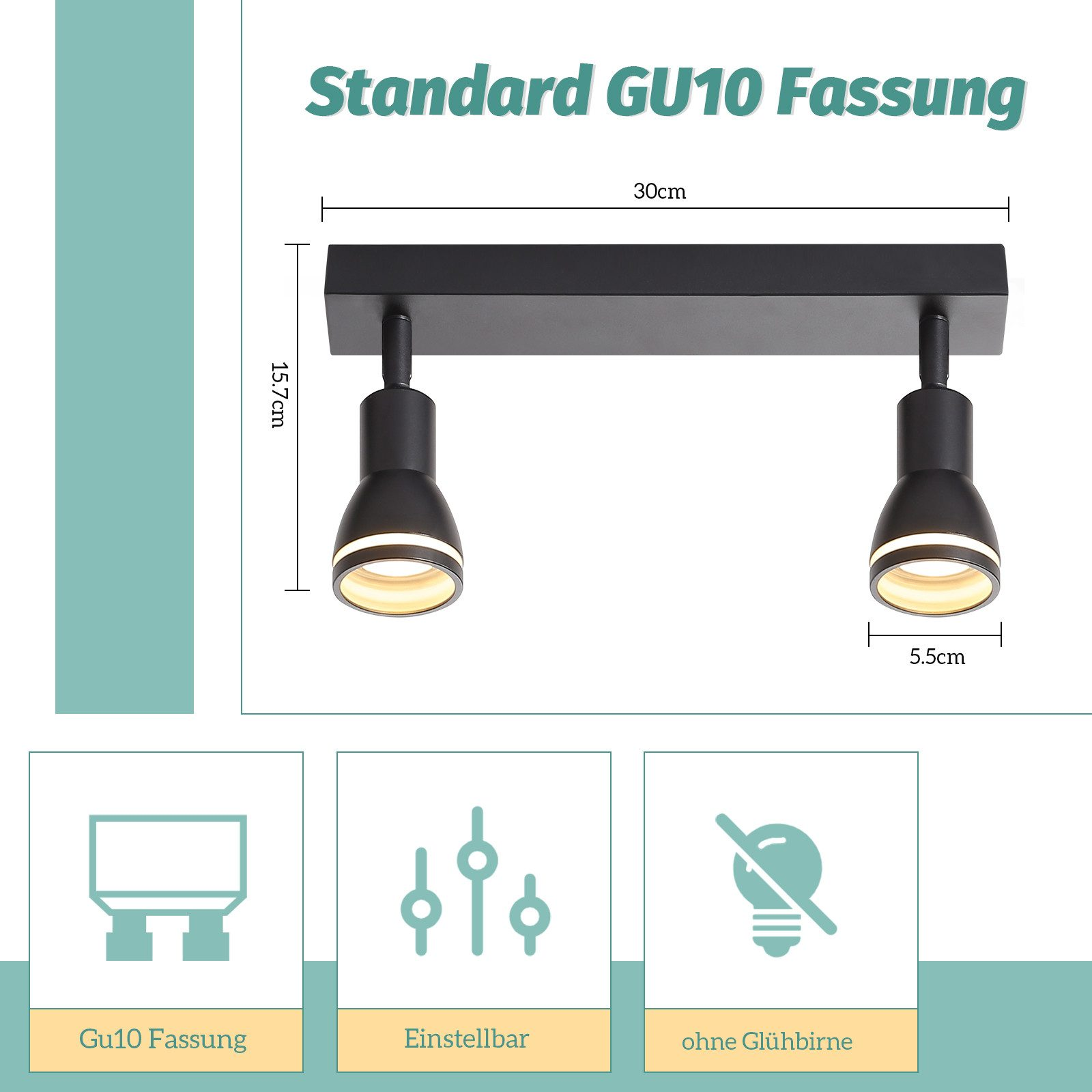 Due faretti geometrici neri su un soffitto. Vengono mostrate viste illuminate e non illuminate.