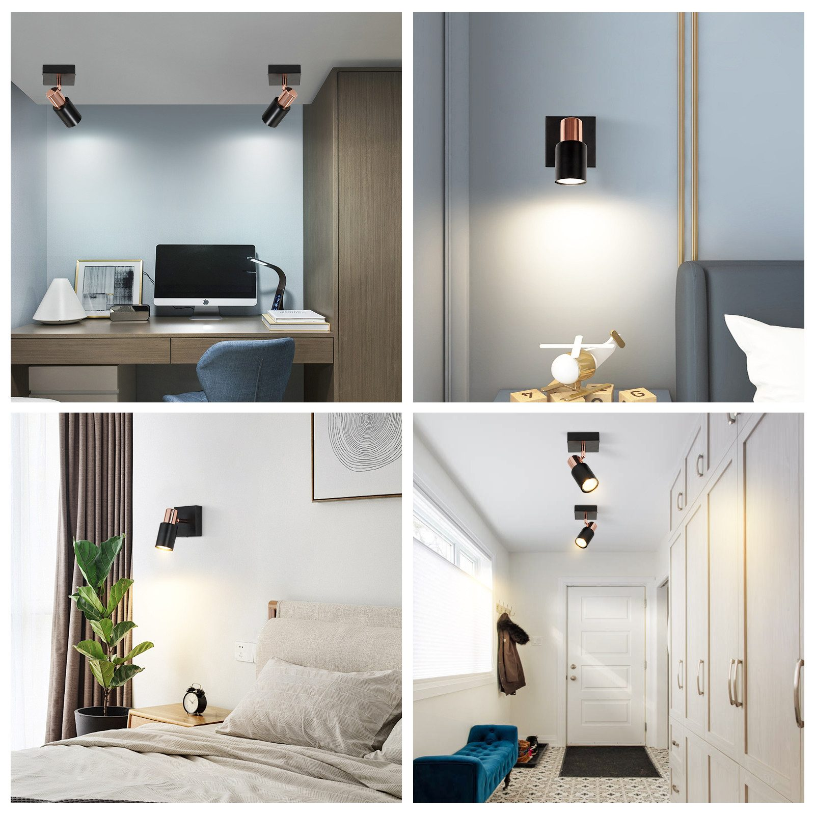 Un collage di stanze con faretti. Le stanze includono una camera da letto, un'area scrivania e un corridoio.