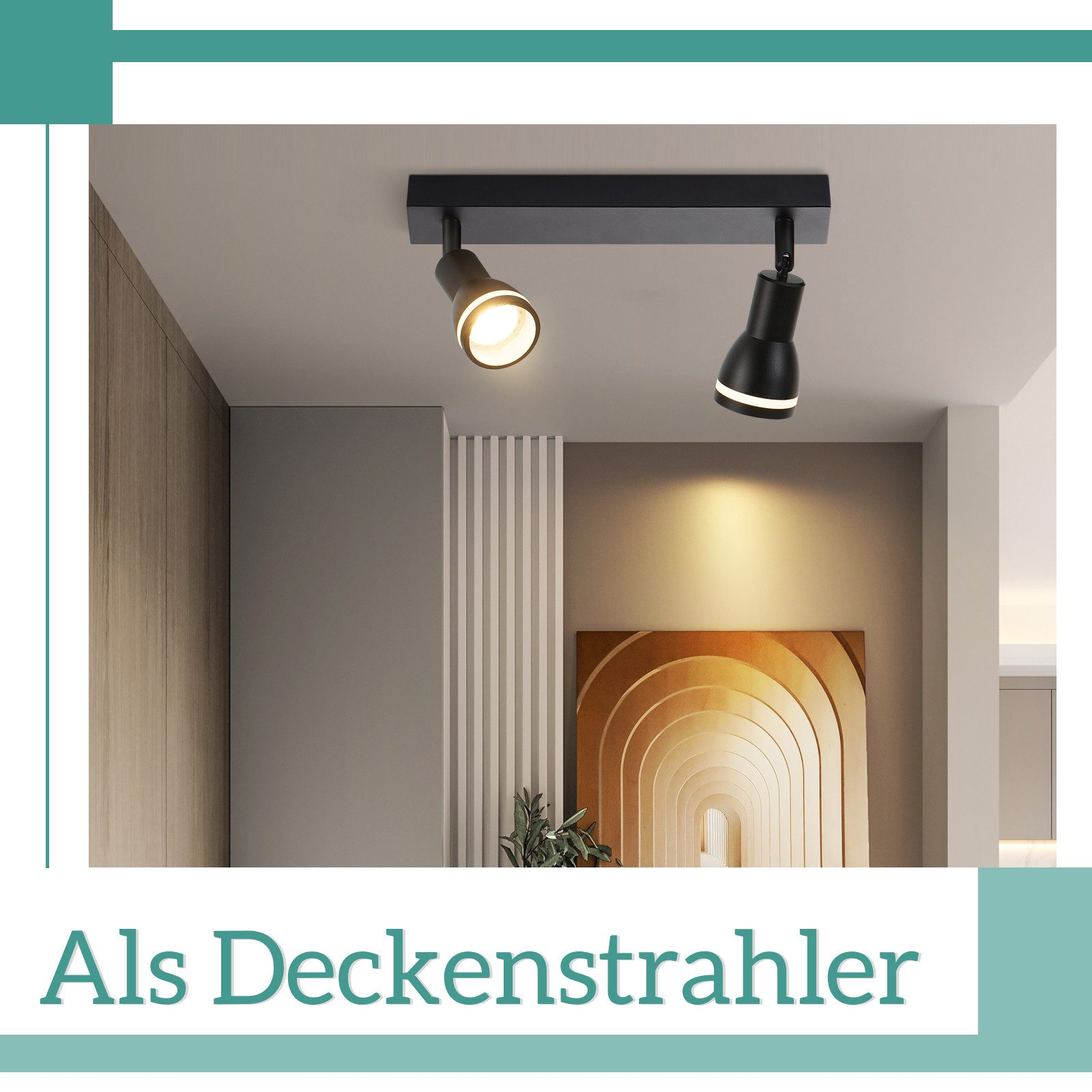 Faretto da soffitto nero con due luci. È montato su un soffitto bianco.