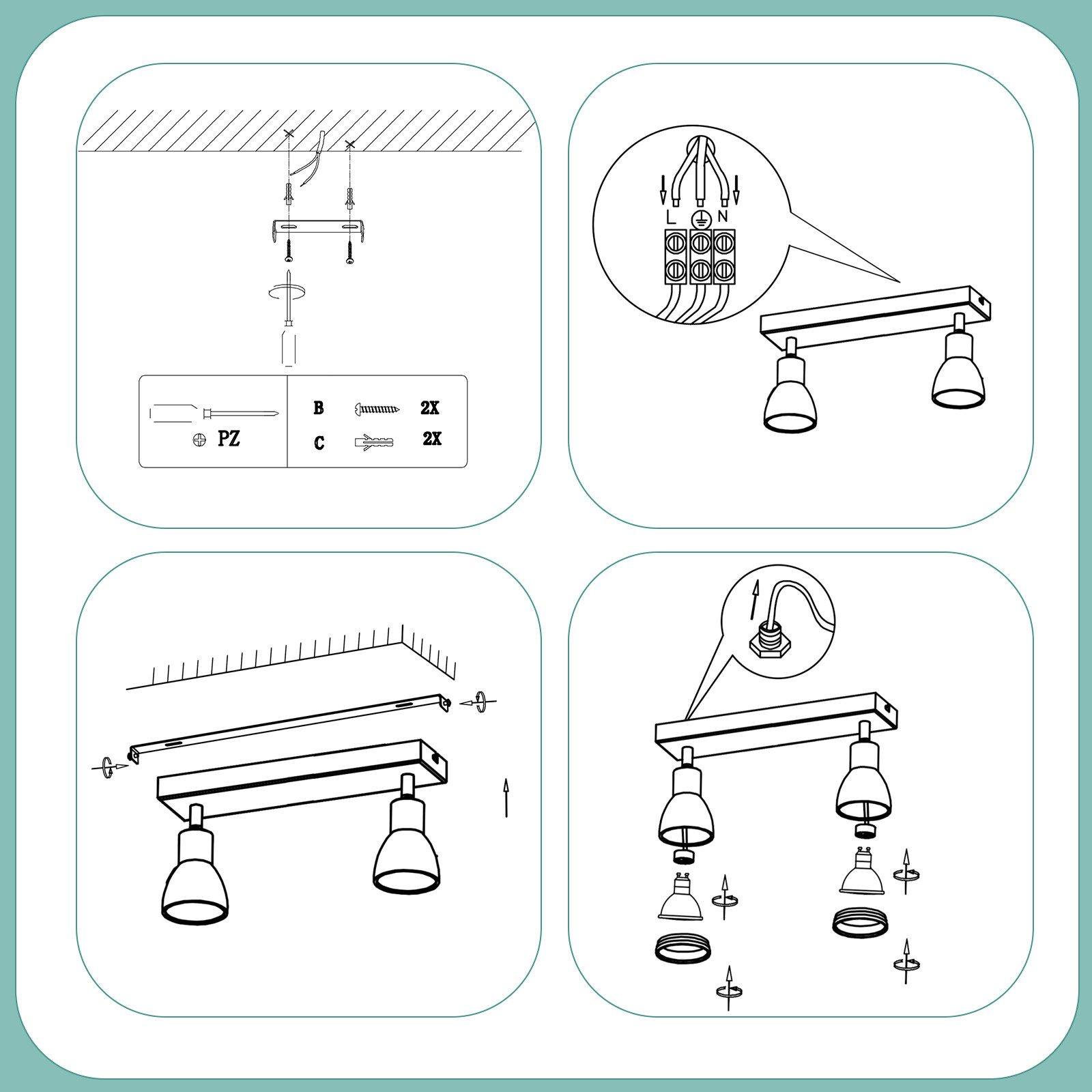 Diagramma che mostra le fasi di installazione di una plafoniera con due faretti.