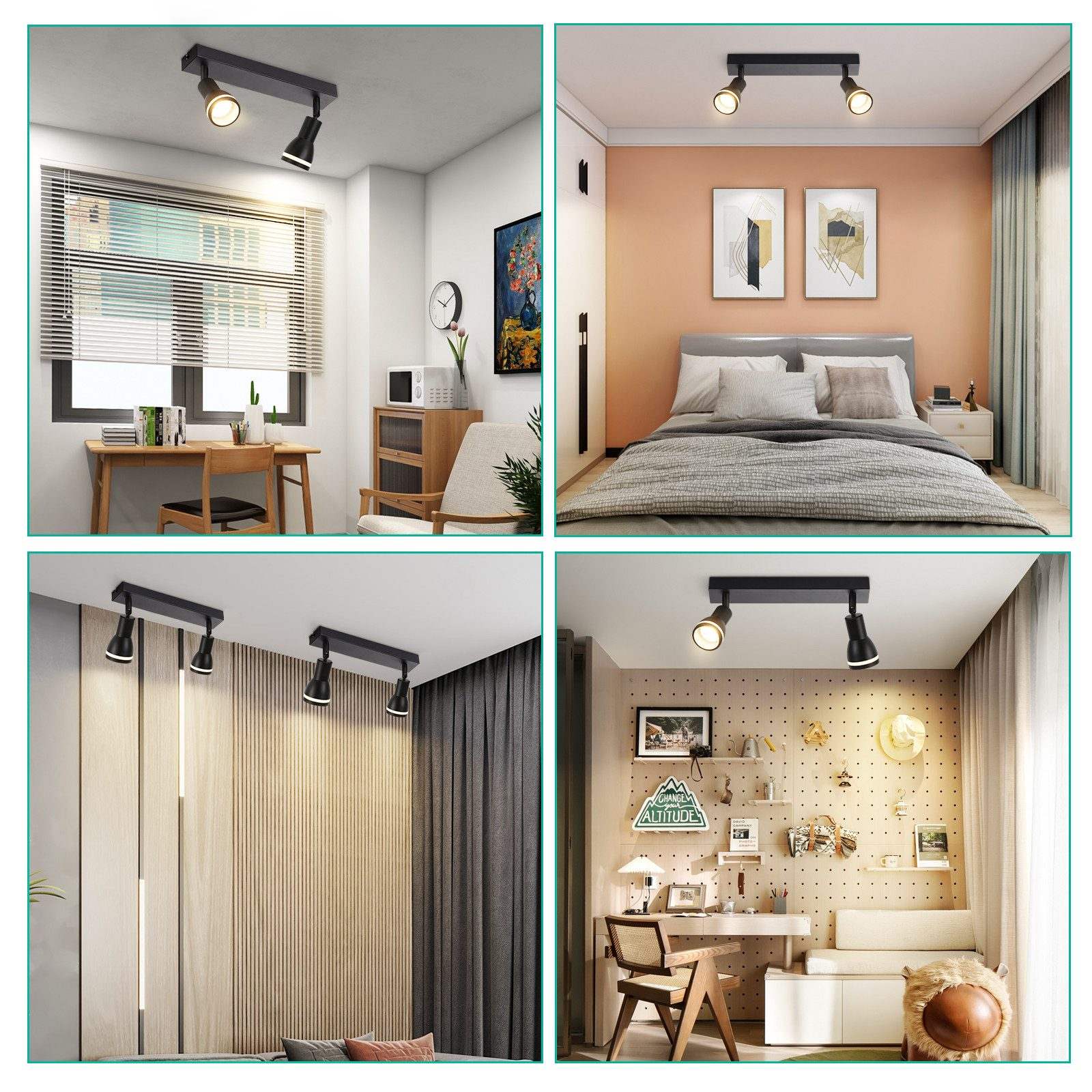 Quattro immagini di illuminazione a binario nera in diverse stanze, che mostrano vari design di interni.