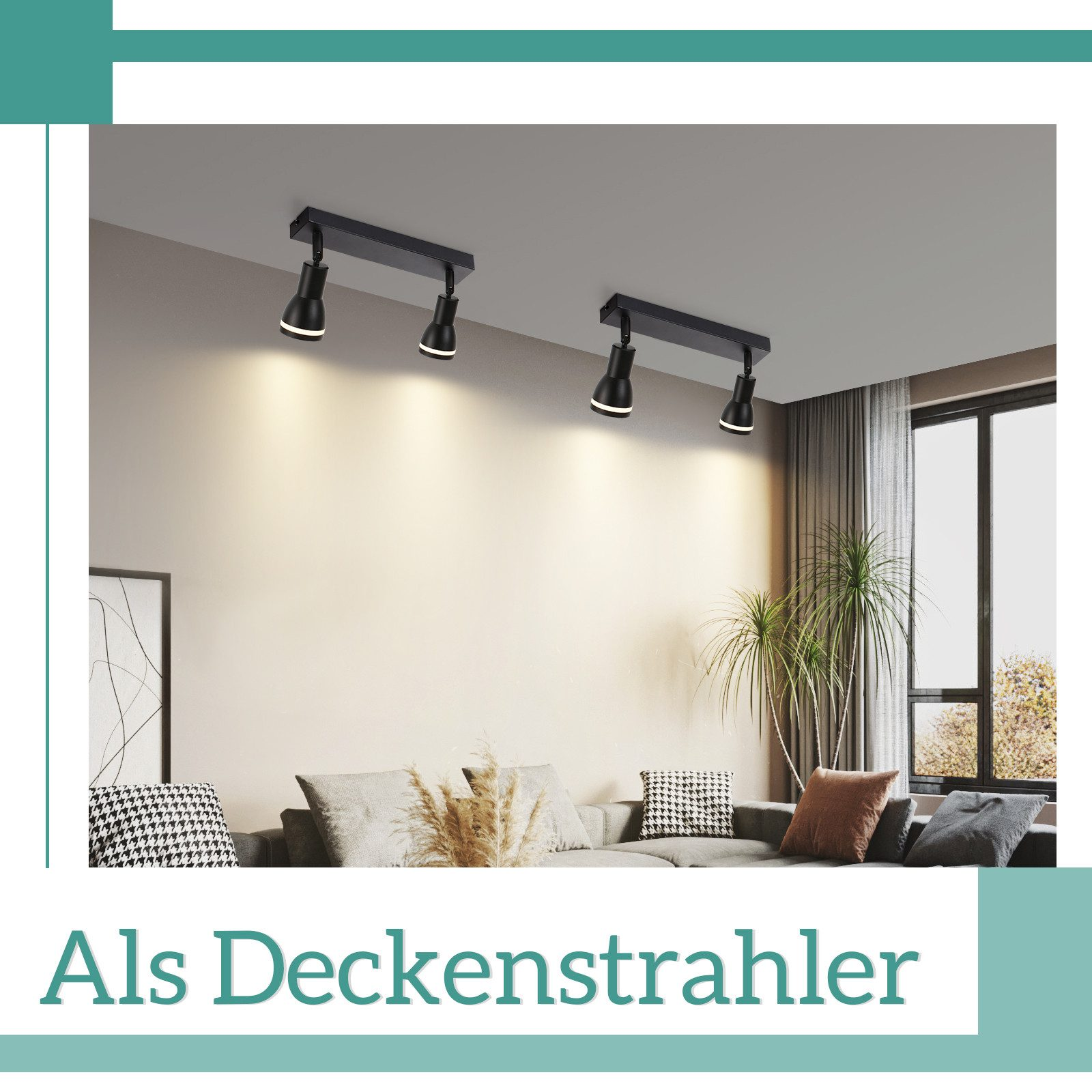 Due faretti neri montati a soffitto che illuminano una parete di colore neutro, con un design moderno.