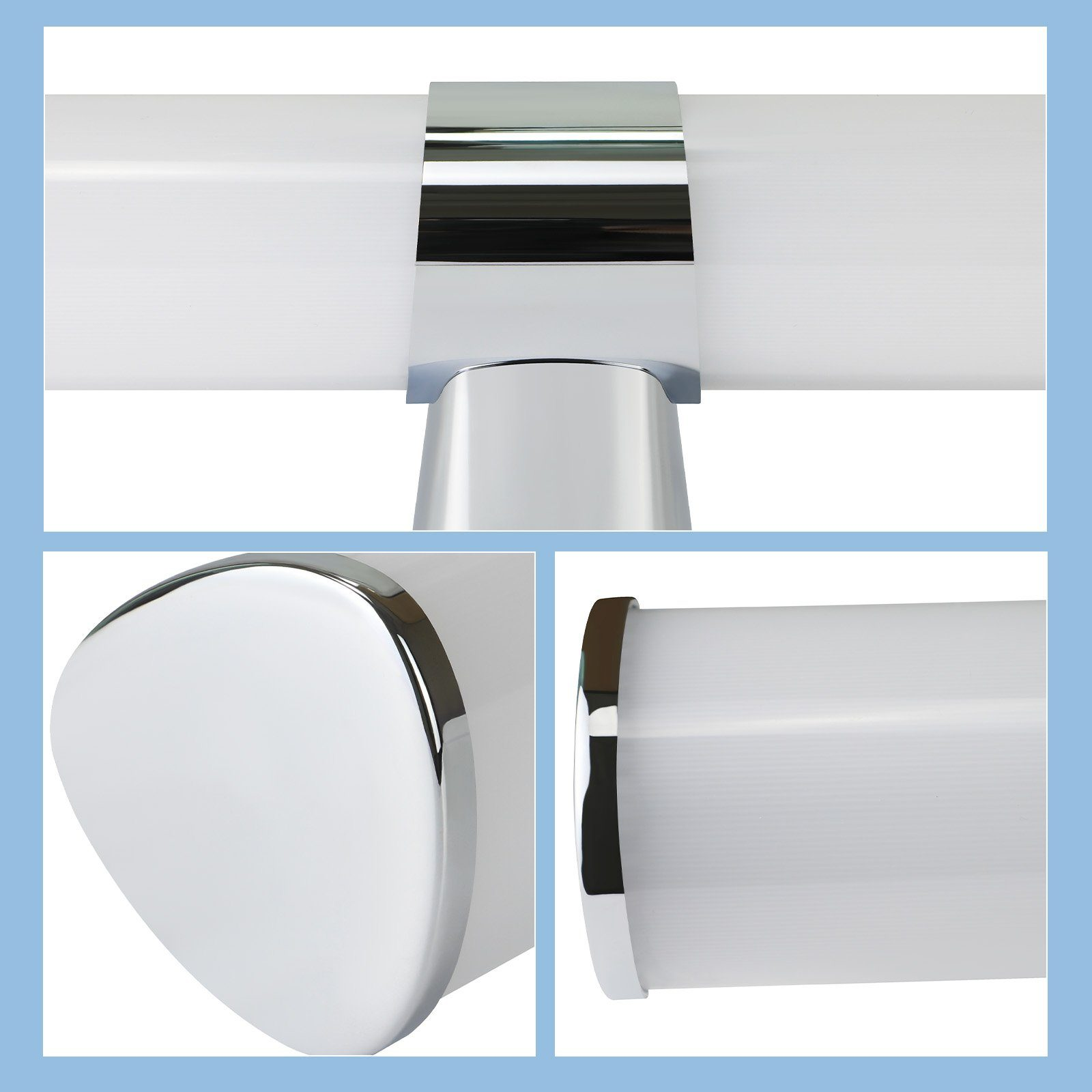 Eine Chrom-Leuchte mit mehreren Ansichten, die Details des Designs zeigen.