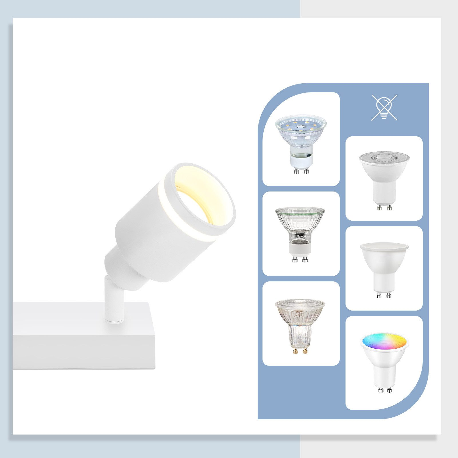 Faretto bianco con una luce e altri sei modelli di luce. Sfondo bianco.