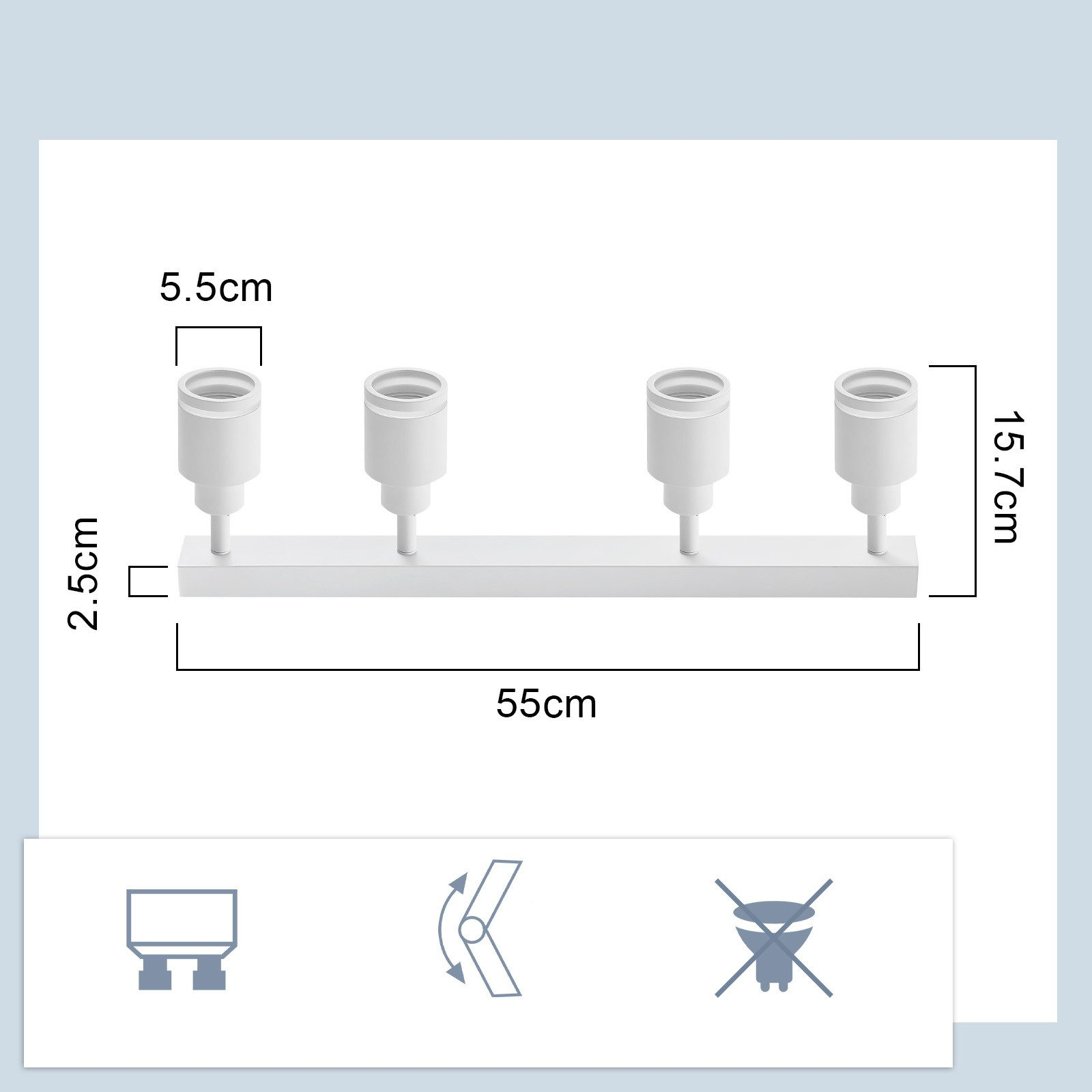 Apparecchio di illuminazione lineare bianco con quattro portalampada, montato su superficie bianca, con dimensioni.
