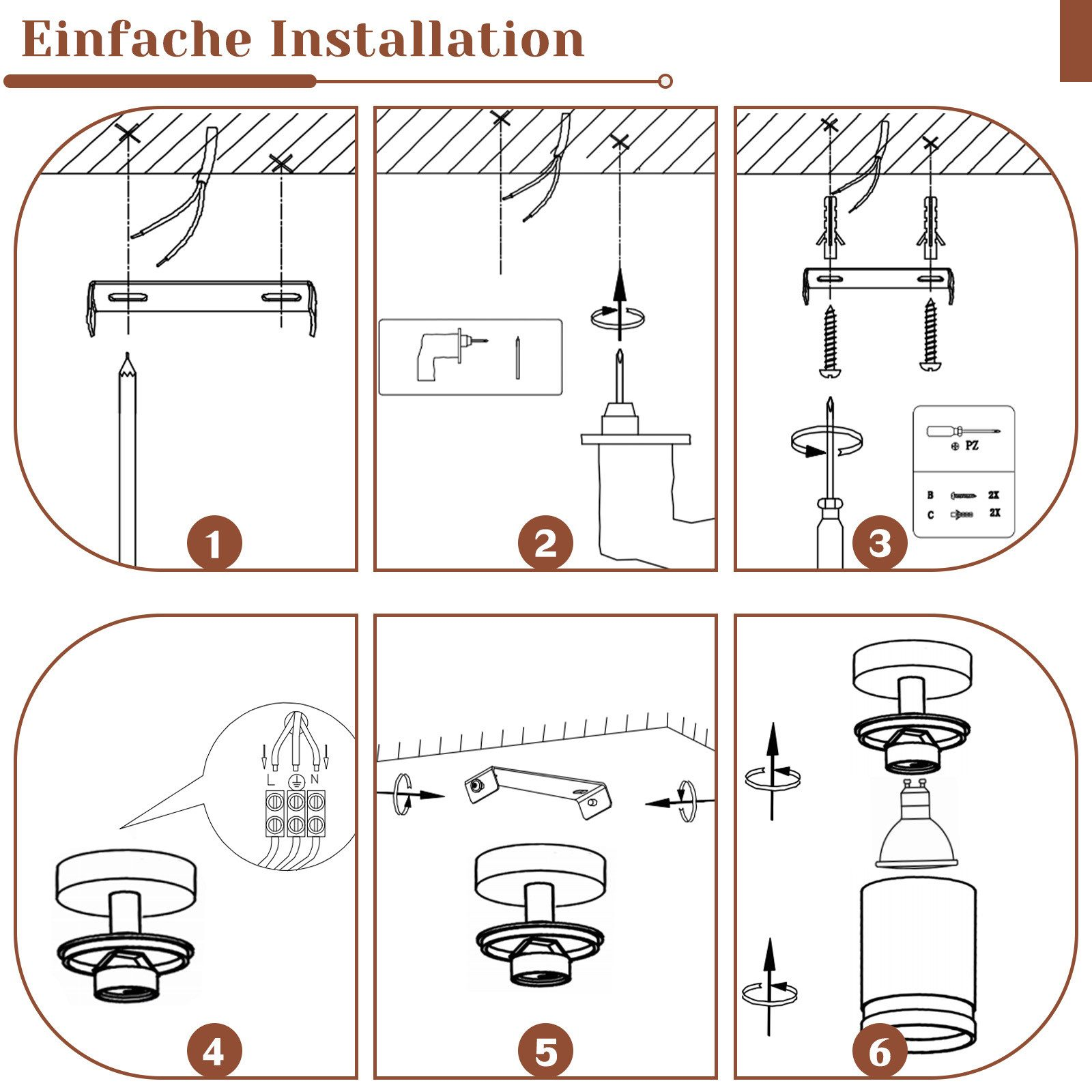 Diagramma che mostra come installare una plafoniera, con passaggi numerati e illustrati.