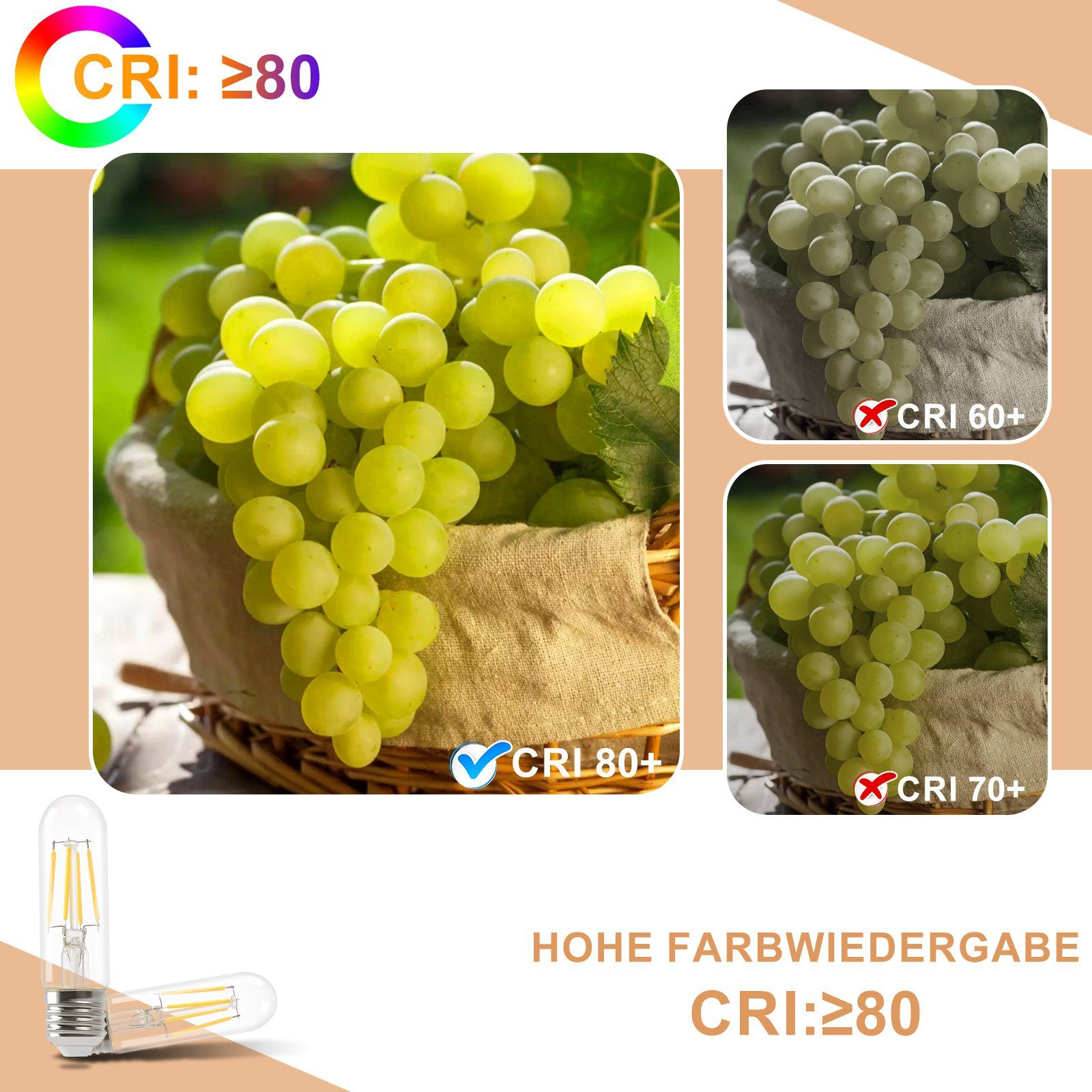 Zbliżenie zielonych winogron w koszu, z etykietami CRI i dwiema żarówkami u dołu.