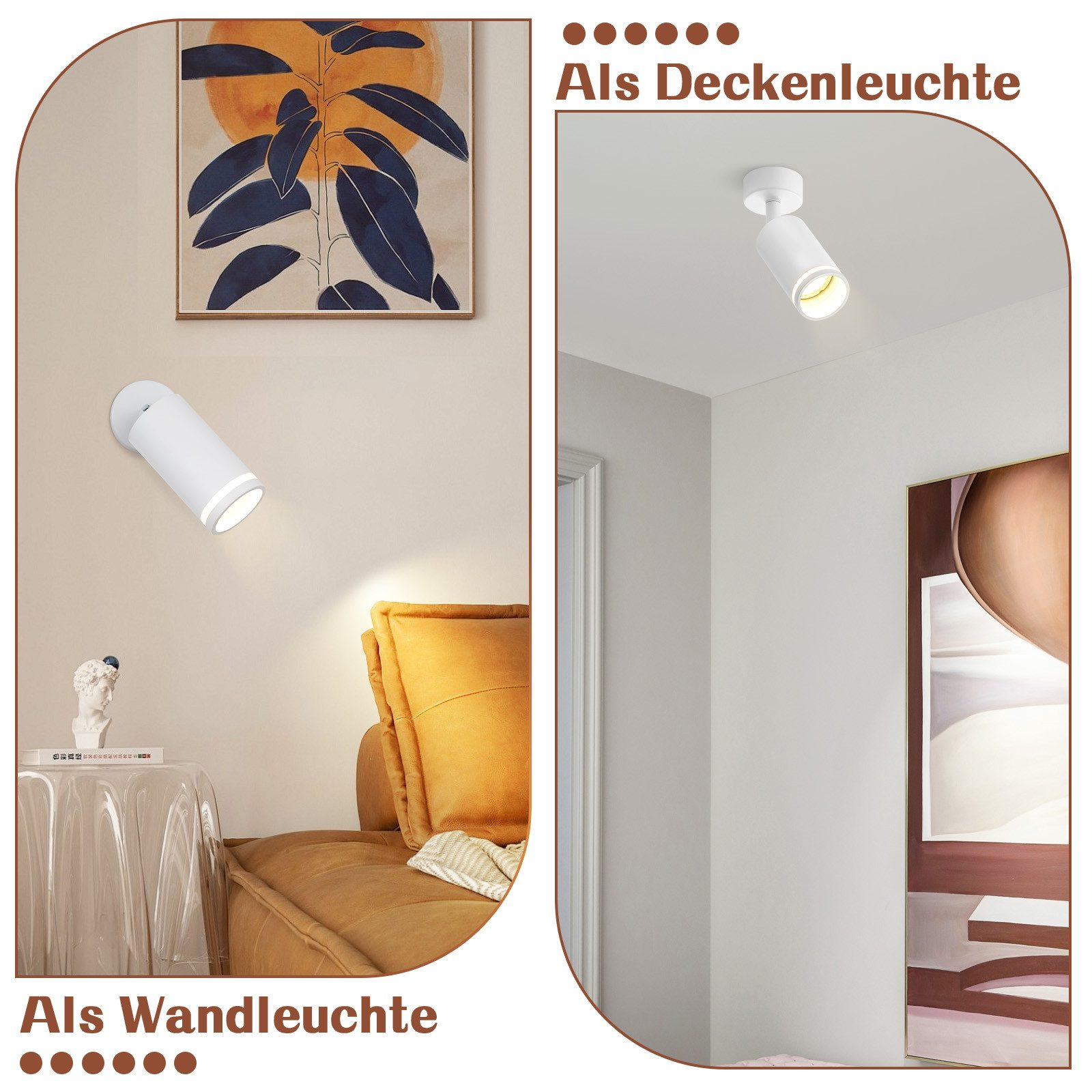 Due immagini che mostrano una luce da parete e un soffitto cilindrica bianca.
