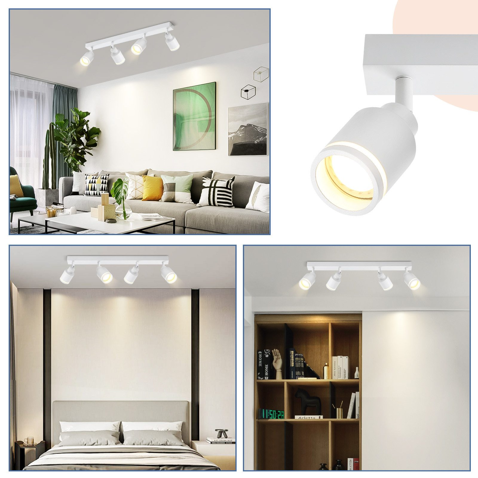 Immagini multiple di faretti da soffitto bianchi in diverse ambientazioni.