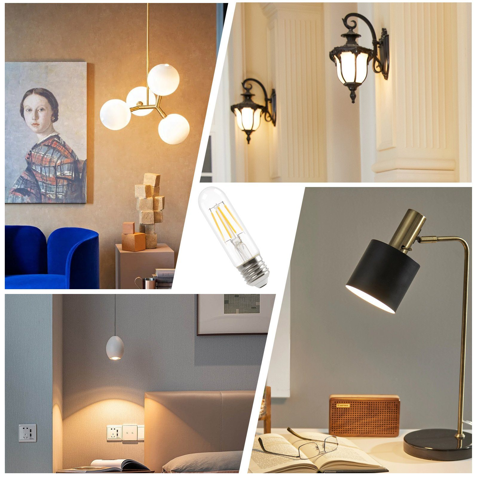 Kolaż różnych lamp w pokoju. Zawiera lampę wiszącą, lampy ścienne i lampę stołową.