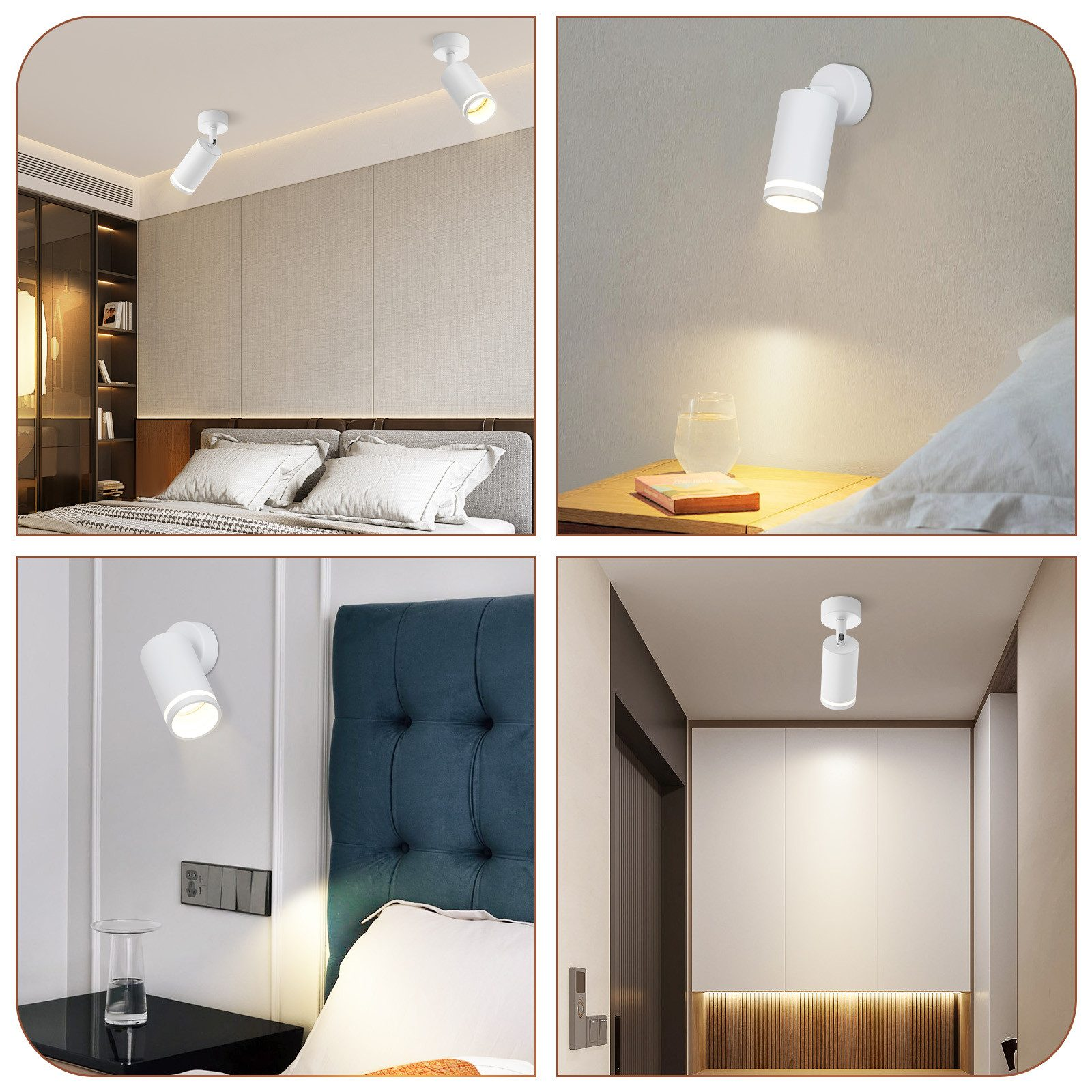 Quattro immagini che mostrano faretti bianchi che illuminano diverse aree di una casa, tra cui camere da letto e corridoi.