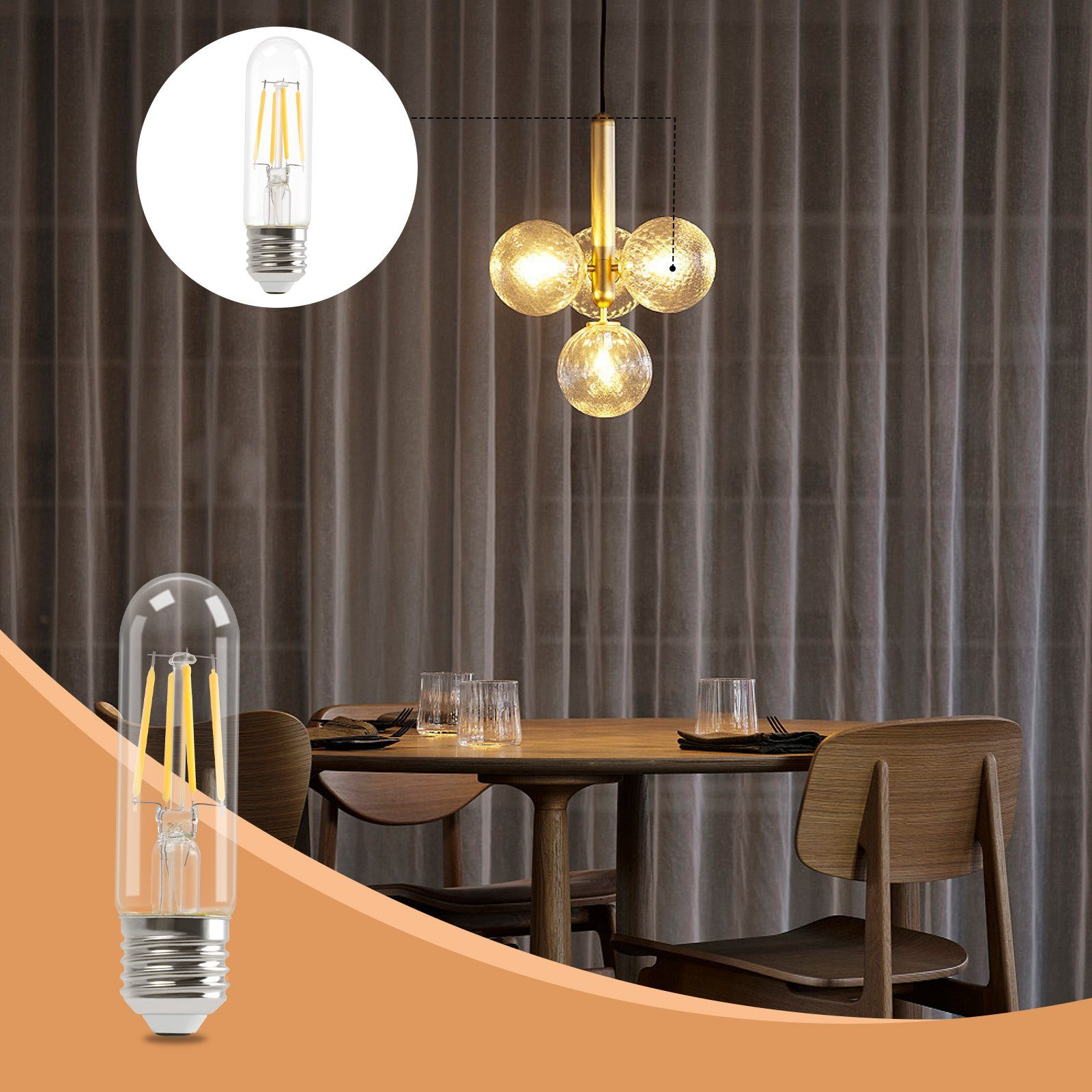 Lampa wisząca ze szklanymi kulami i żarówką T8. Scena obejmuje stół jadalny i krzesła.