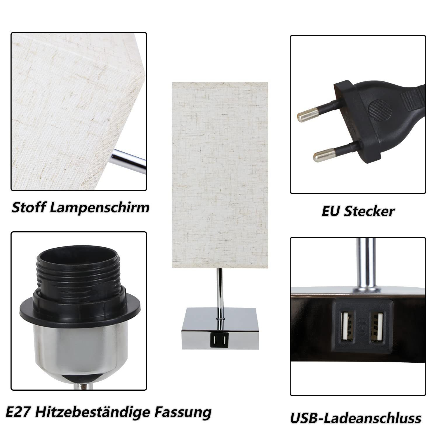 Lampa stołowa z prostokątnym abażurem i portem ładowania USB. Pokazano różne komponenty.