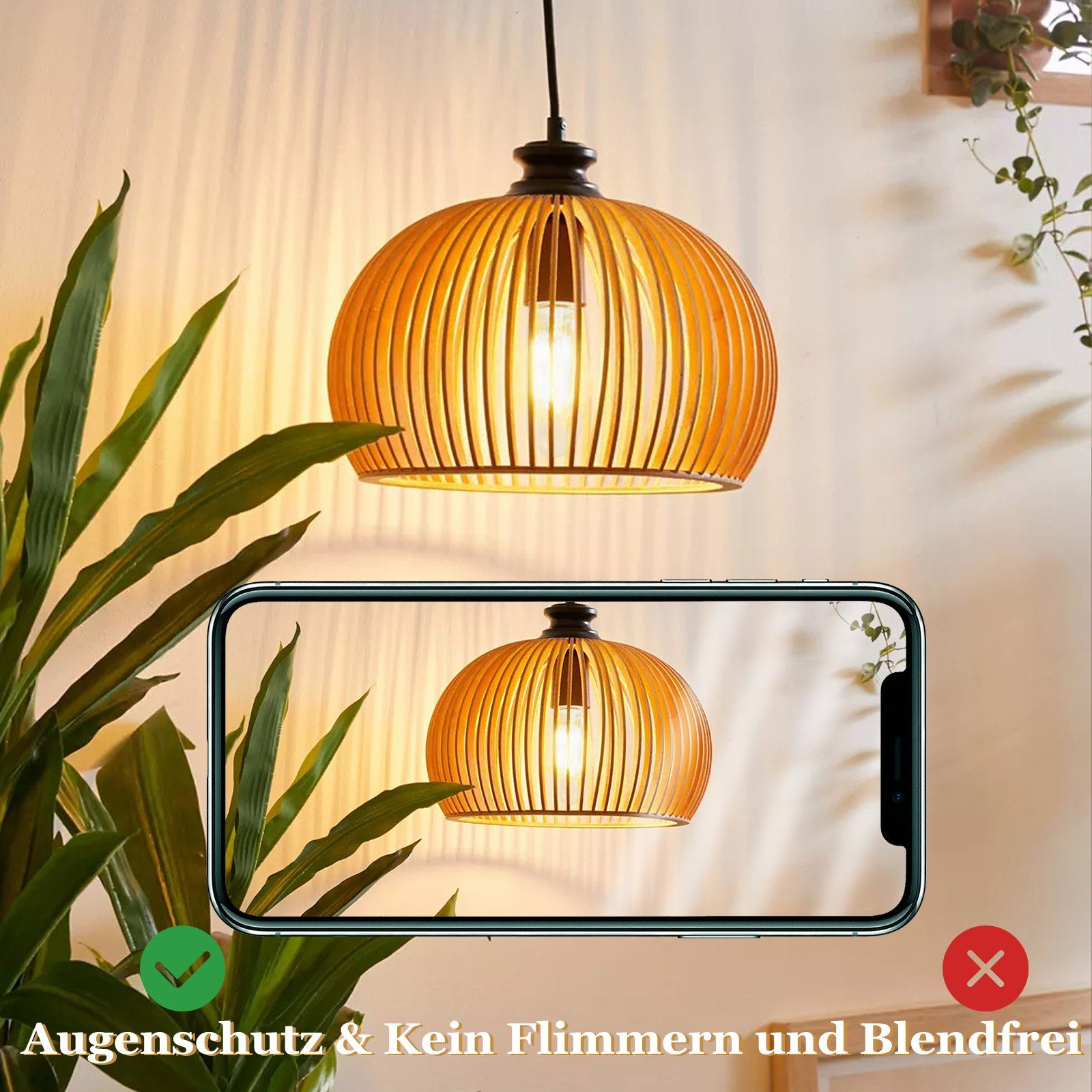 Lampa wisząca, drewniana, z żarówką w środku, pokazana na telefonie, z zielonym znakiem wyboru.