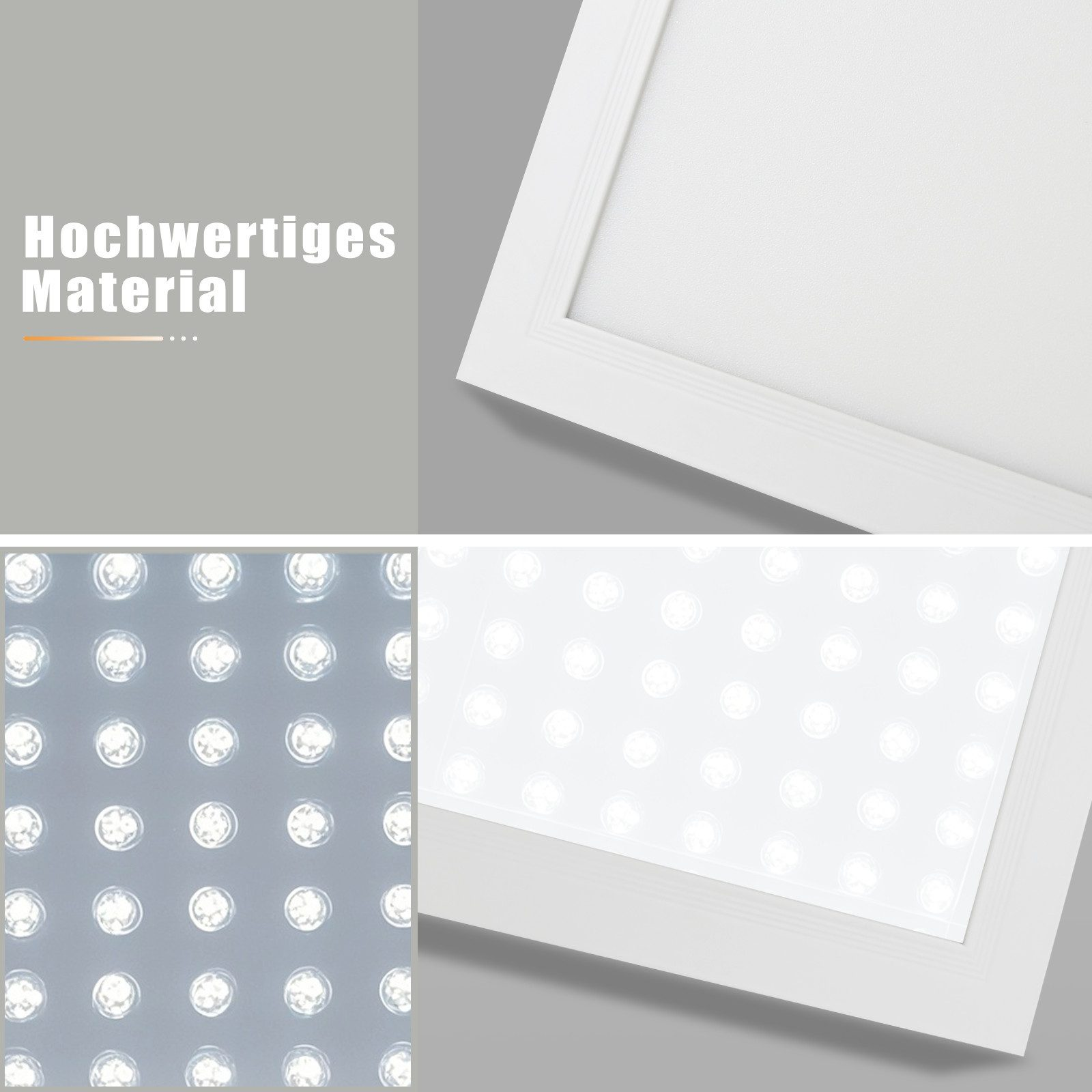 Primo piano di un pannello LED bianco con cornice bianca. Il pannello è pieno di piccole luci.