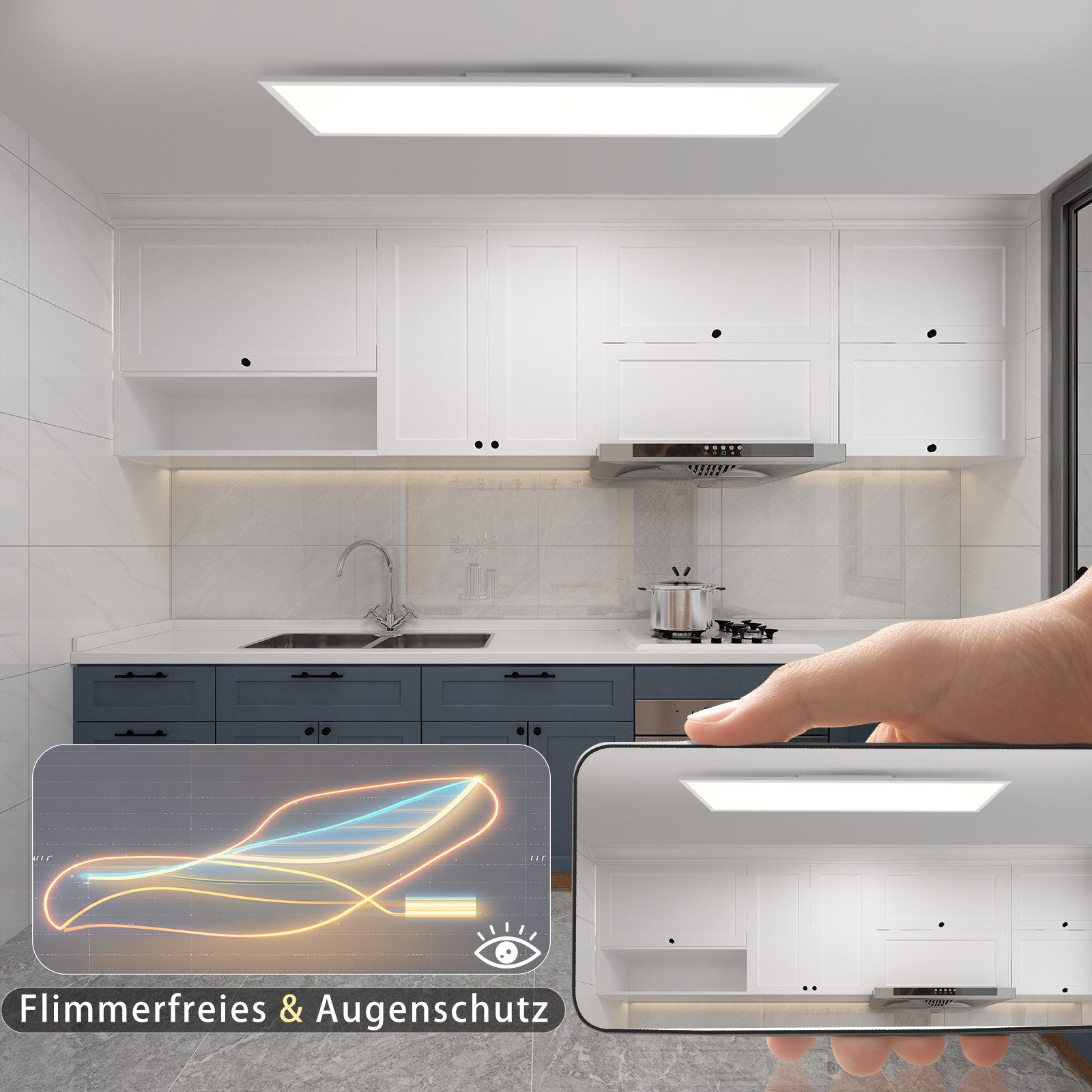 Cucina con mobili bianchi, mobili inferiori blu. Una mano indica una luce. Bassa luminosità.