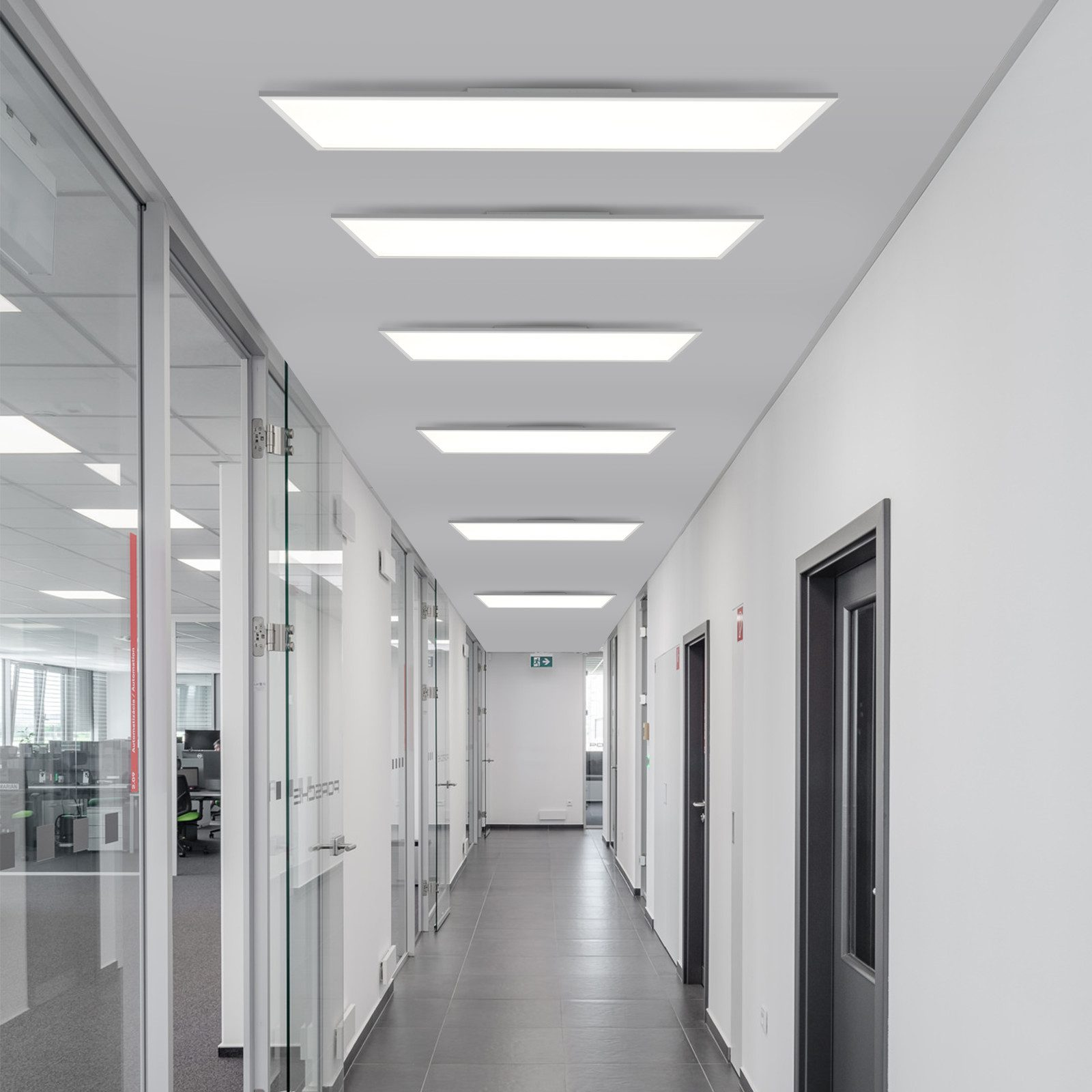 Un lungo corridoio con diverse luci a incasso nel soffitto. Porte in vetro ai lati.