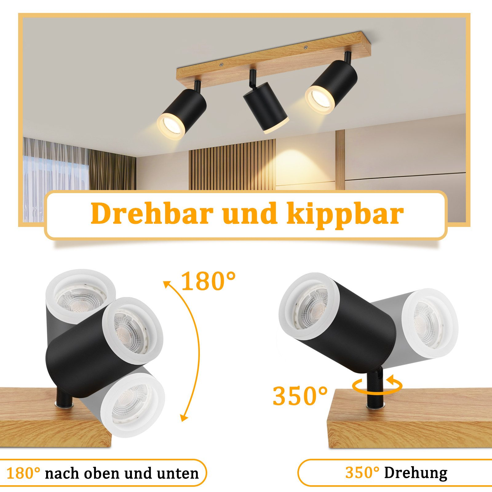 Luce da soffitto in legno con tre faretti neri, con movimento di 180 e 350 gradi.