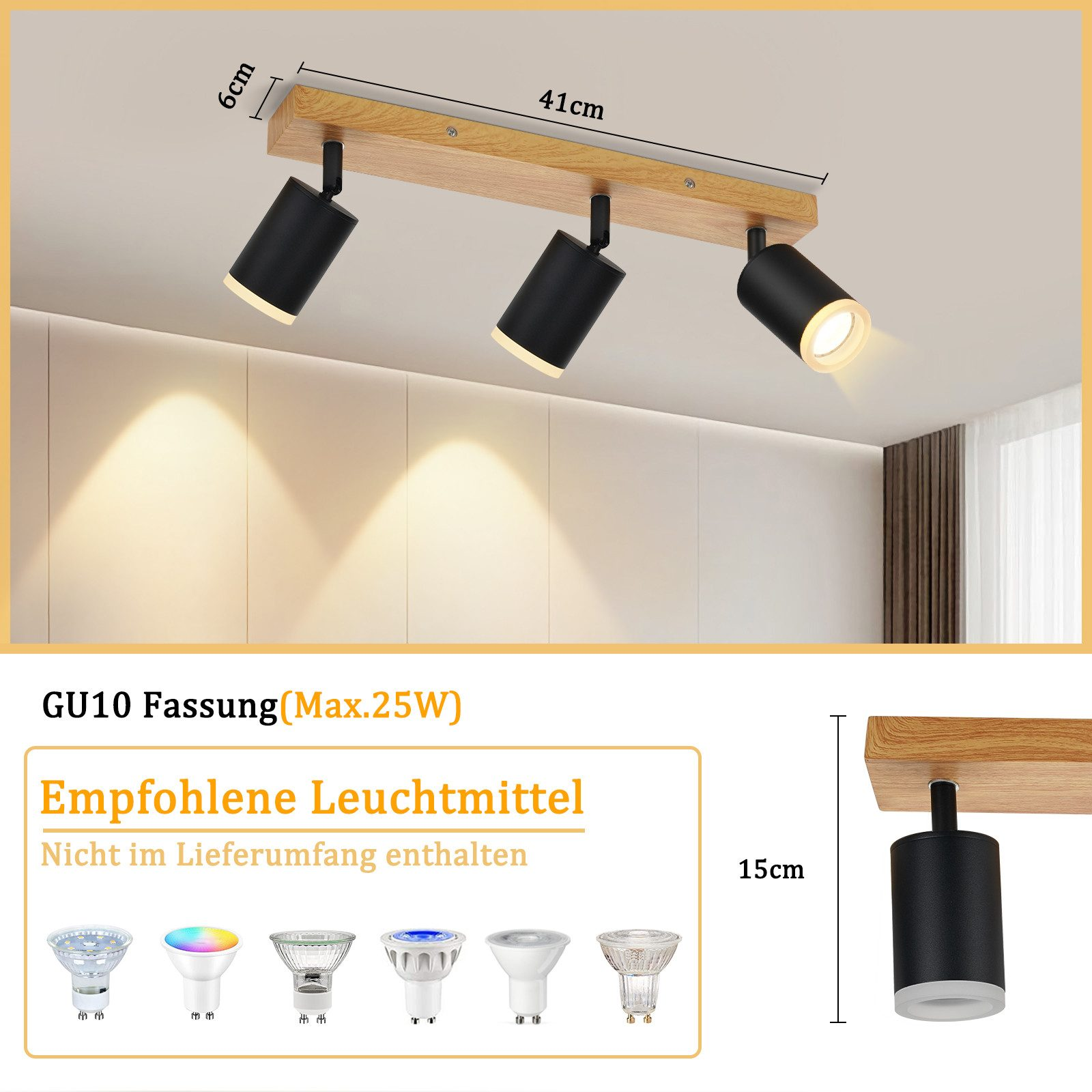Lampada da soffitto con tre faretti neri su una trave di legno, dettagli dimensionali.