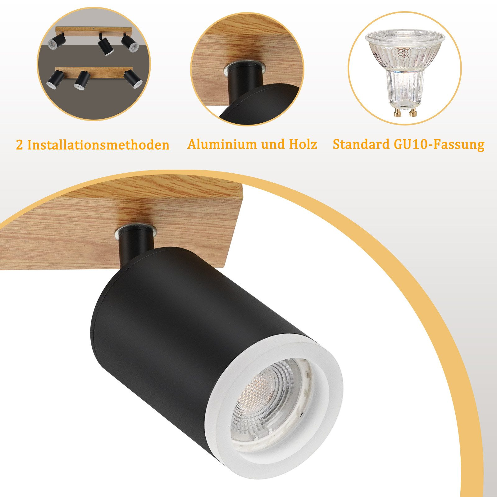 Un faretto nero con un anello bianco. I dettagli sono mostrati con il testo: 2 metodi di installazione, Alluminio e legno, standard GU10.