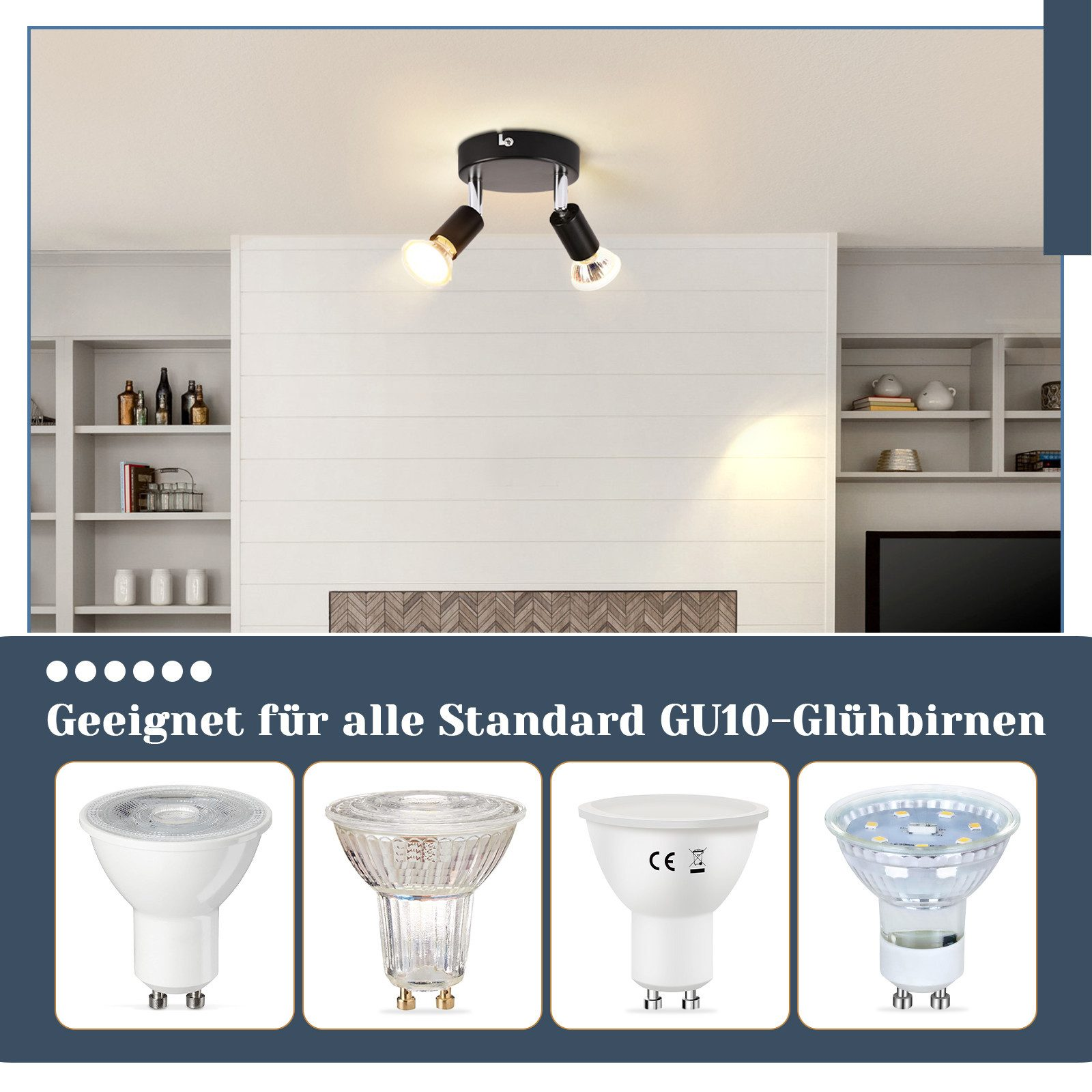Una plafoniera con tre luci. Sotto, ci sono diversi tipi di lampadine GU10.