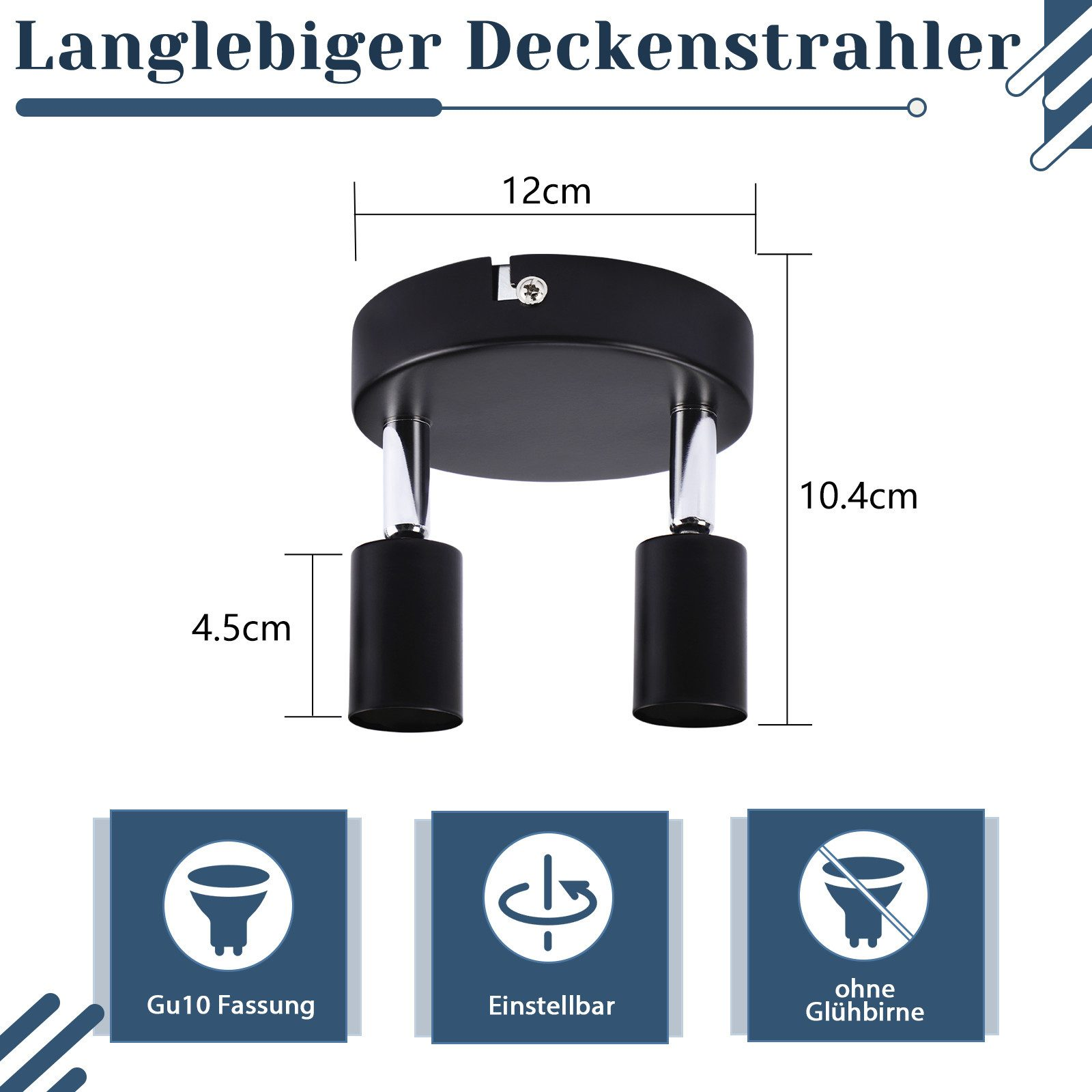 Placca da soffitto nera con due faretti orientabili. Ha dimensioni e un attacco GU10.