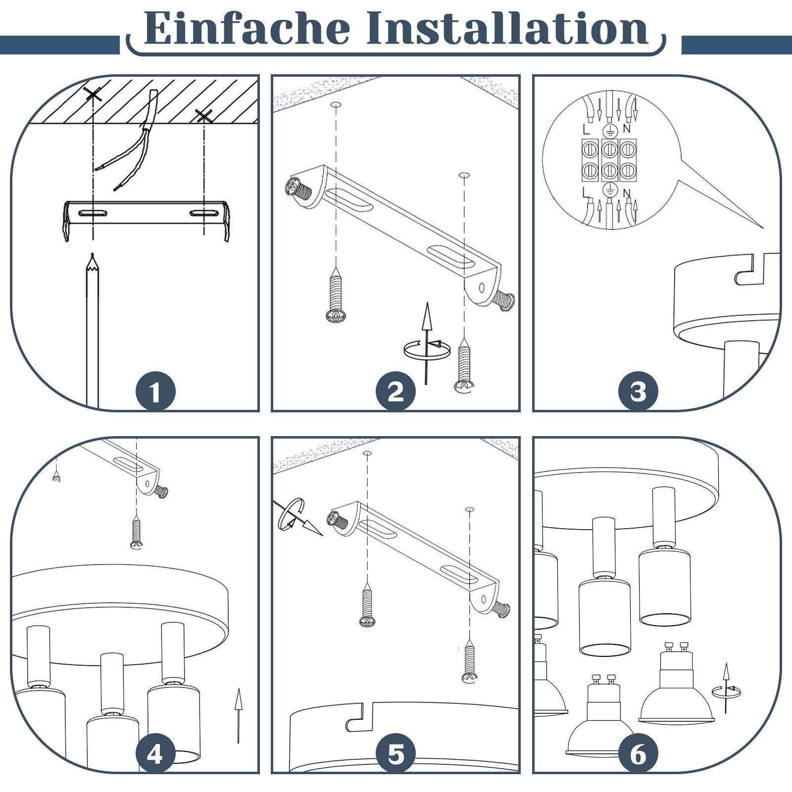 Diagrammi passo-passo dell'installazione di una plafoniera. Viti, cablaggio e l'apparecchio di illuminazione sono mostrati.