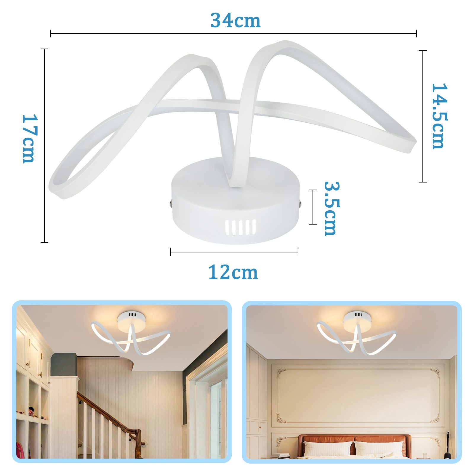 Plafoniera bianca dal design curvo, dimensioni indicate. Due immagini di stanze mostrano la luce.