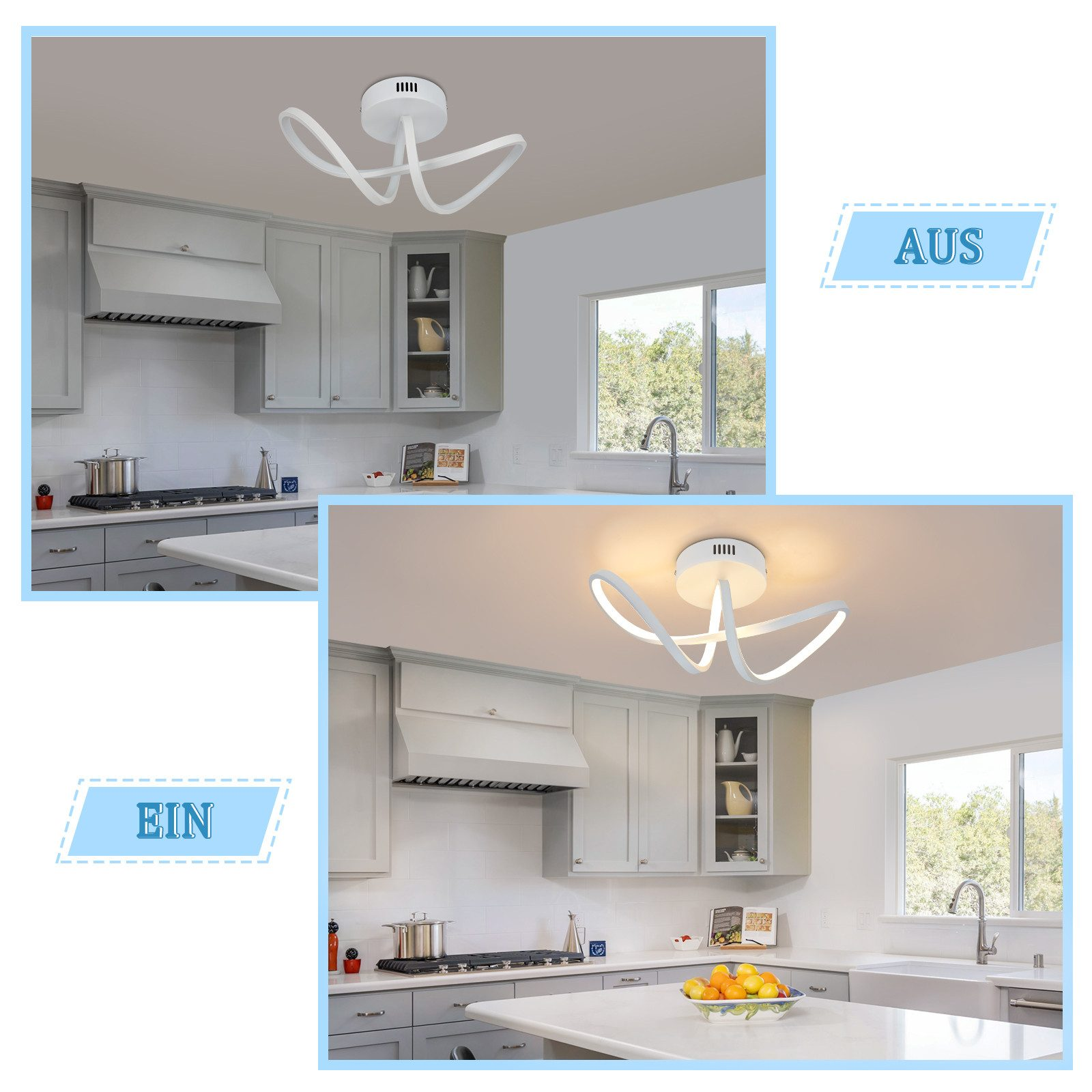 Una cucina ha mobili bianchi e un apparecchio di illuminazione bianco. Un'immagine mostra le luci accese, l'altra spente.