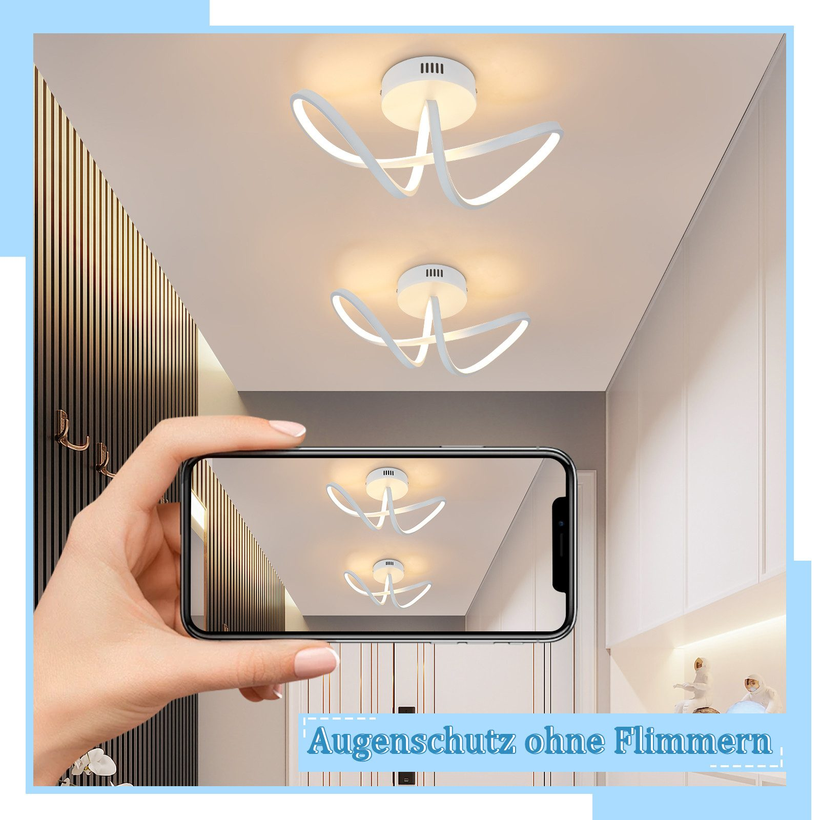 Tre moderne plafoniere bianche. Una mano tiene un telefono che mostra le stesse luci, mostrando il riflesso.