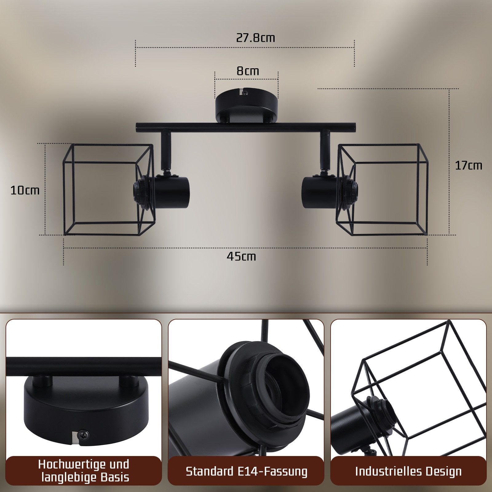 Lampade da soffitto in metallo nero con dettagli dimensionali e viste ravvicinate.