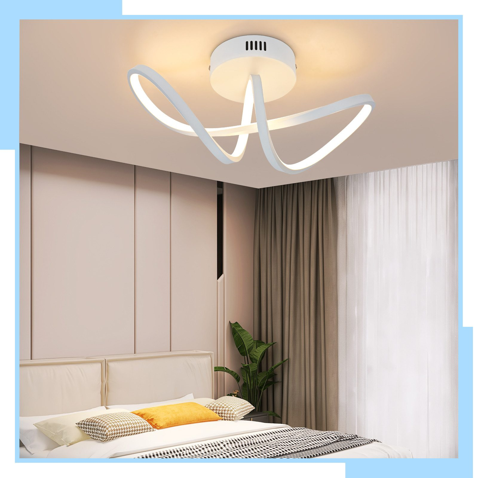 Una plafoniera bianca dal design unico, installata in una camera da letto con un letto e tende.