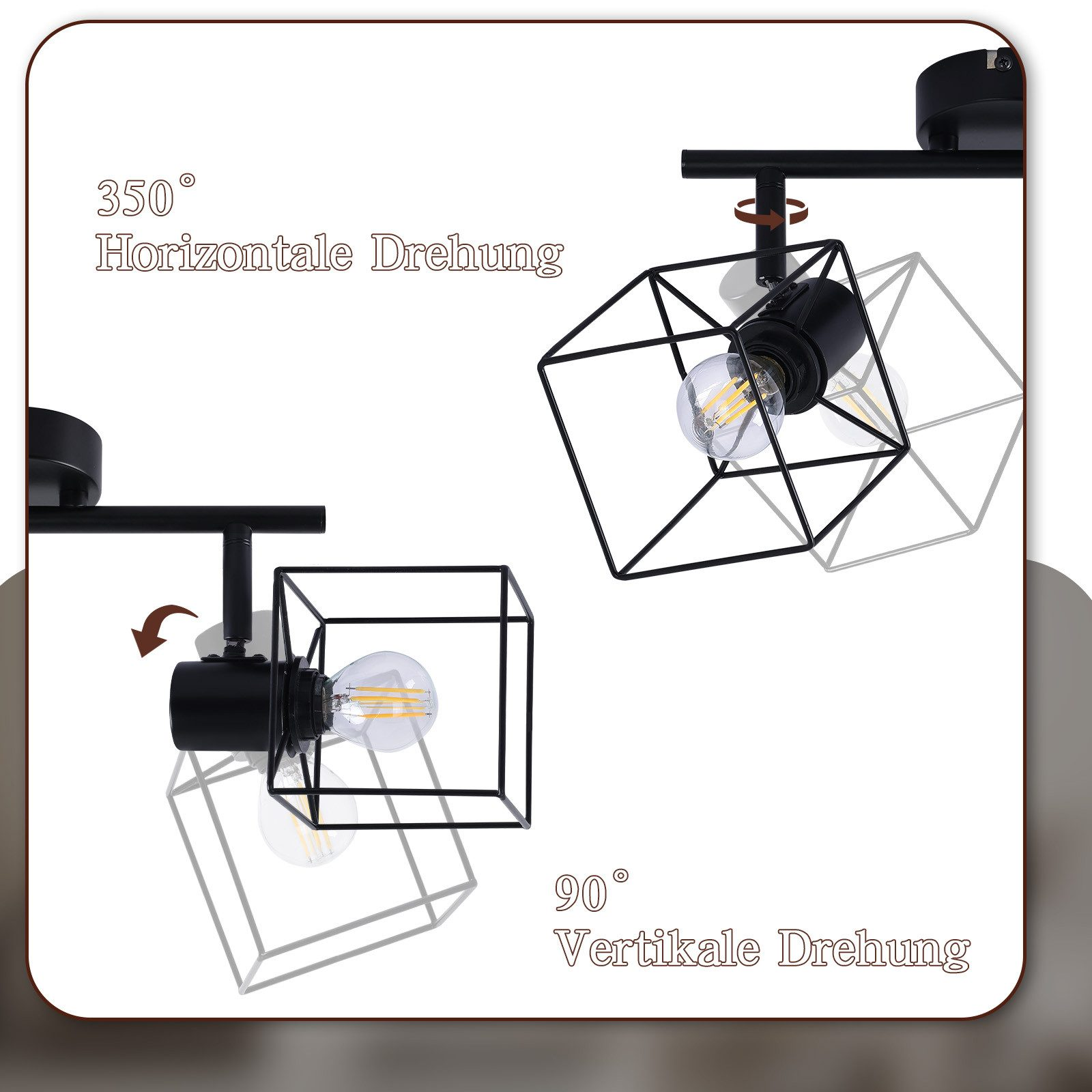 Due lampade con paralumi geometrici. Diagramma che mostra la rotazione orizzontale e verticale.